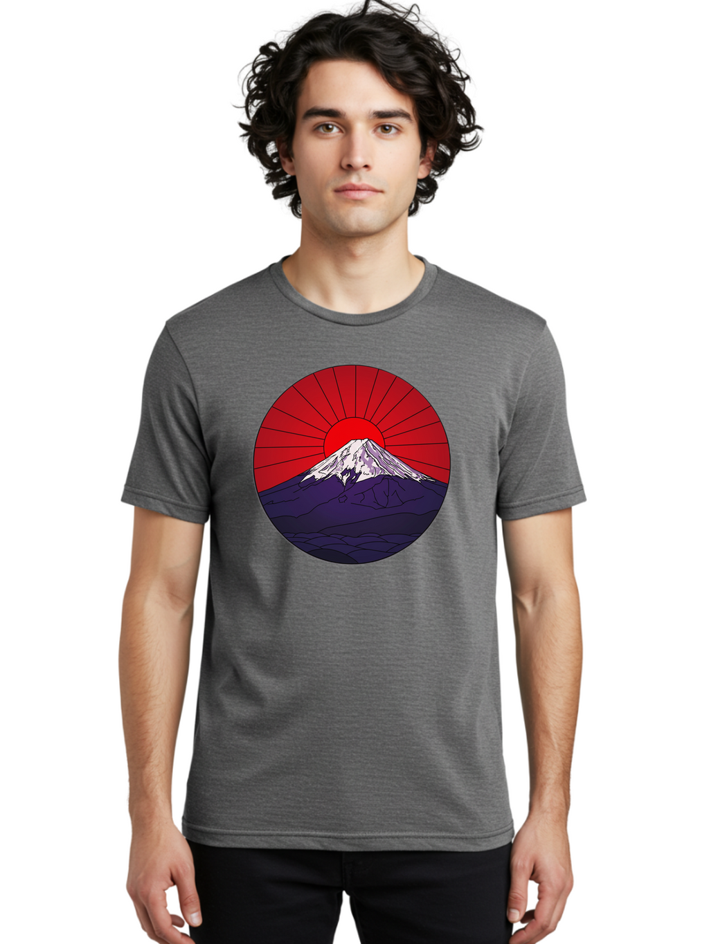 Fujisan Men'S Graphic Tee, 100% Cotton, Comfortable Casual Summer Wear, Machine Washable, Mount Fuji Landscape, Red Sunrise, Iconic Mountain, Japan Scenery, Minimalist Art, Sunrise Over Mountains, Snow-Capped Peak Bad953