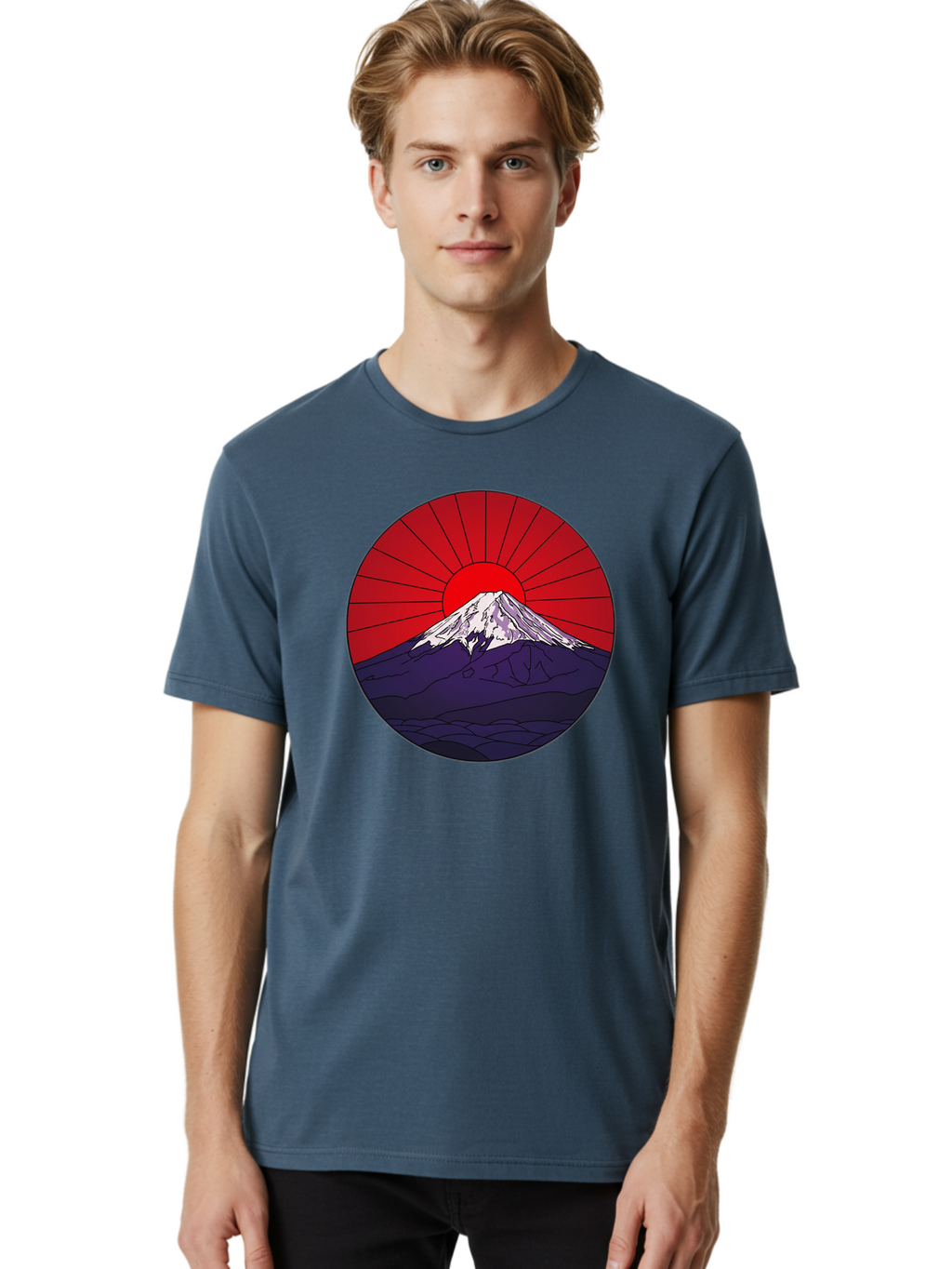 Fujisan Men'S Graphic Tee, 100% Cotton, Comfortable Casual Summer Wear, Machine Washable, Mount Fuji Landscape, Red Sunrise, Iconic Mountain, Japan Scenery, Minimalist Art, Sunrise Over Mountains, Snow-Capped Peak Bad953