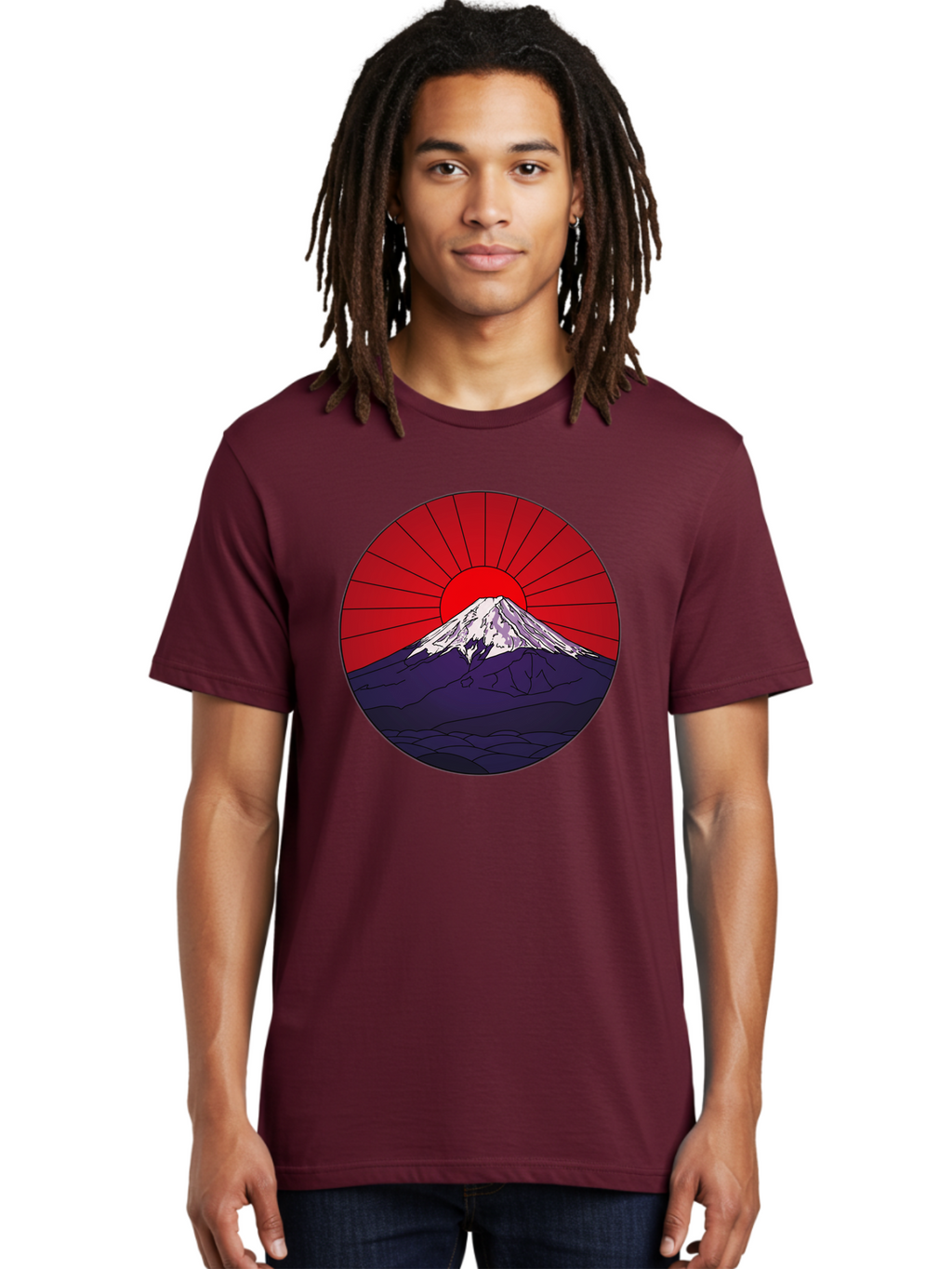 Fujisan Men'S Graphic Tee, 100% Cotton, Comfortable Casual Summer Wear, Machine Washable, Mount Fuji Landscape, Red Sunrise, Iconic Mountain, Japan Scenery, Minimalist Art, Sunrise Over Mountains, Snow-Capped Peak Bad953