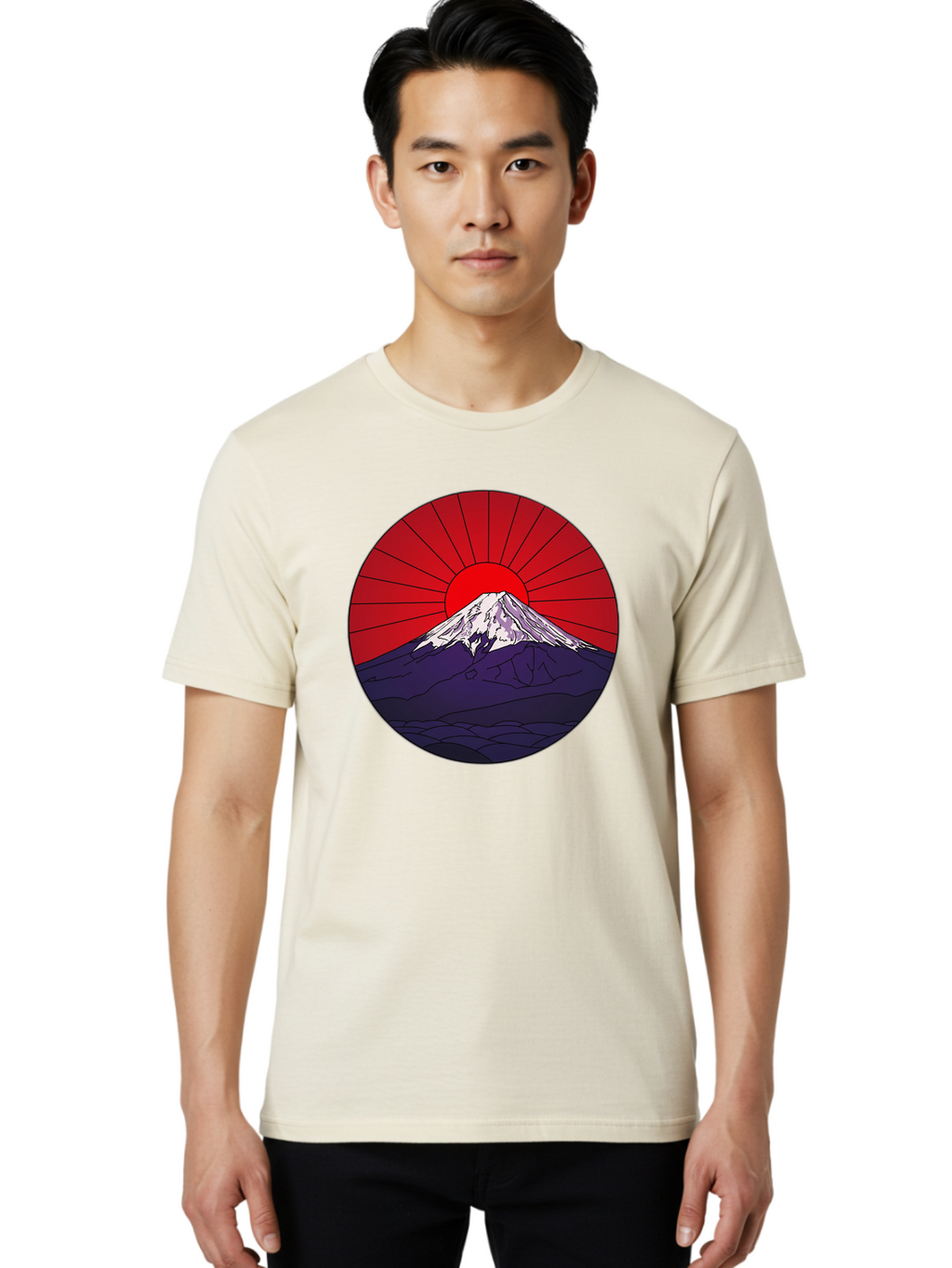 Fujisan Men'S Graphic Tee, 100% Cotton, Comfortable Casual Summer Wear, Machine Washable, Mount Fuji Landscape, Red Sunrise, Iconic Mountain, Japan Scenery, Minimalist Art, Sunrise Over Mountains, Snow-Capped Peak Bad953