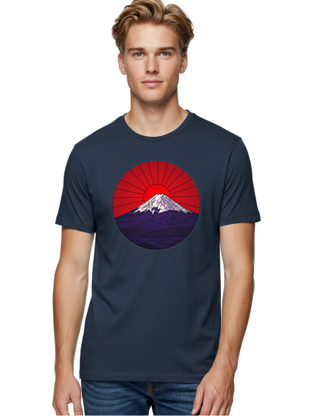 Fujisan Men'S Graphic Tee, 100% Cotton, Comfortable Casual Summer Wear, Machine Washable, Mount Fuji Landscape, Red Sunrise, Iconic Mountain, Japan Scenery, Minimalist Art, Sunrise Over Mountains, Snow-Capped Peak Bad953