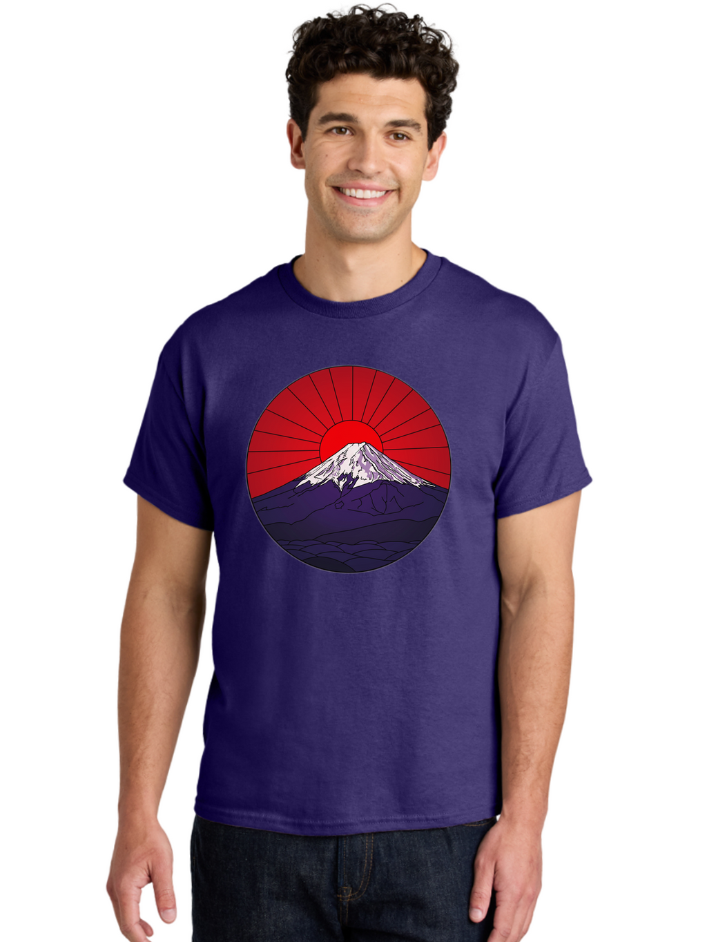 Fujisan Men'S Graphic Tee, 100% Cotton, Comfortable Casual Summer Wear, Machine Washable, Mount Fuji Landscape, Red Sunrise, Iconic Mountain, Japan Scenery, Minimalist Art, Sunrise Over Mountains, Snow-Capped Peak Bad953