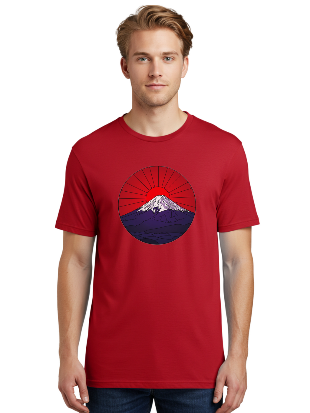 Fujisan Men'S Graphic Tee, 100% Cotton, Comfortable Casual Summer Wear, Machine Washable, Mount Fuji Landscape, Red Sunrise, Iconic Mountain, Japan Scenery, Minimalist Art, Sunrise Over Mountains, Snow-Capped Peak Bad953