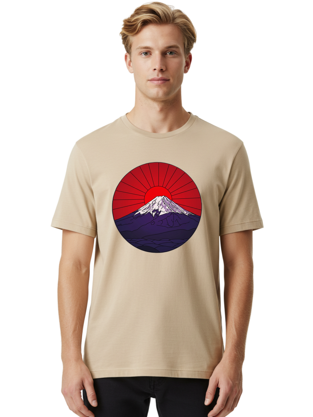 Fujisan Men'S Graphic Tee, 100% Cotton, Comfortable Casual Summer Wear, Machine Washable, Mount Fuji Landscape, Red Sunrise, Iconic Mountain, Japan Scenery, Minimalist Art, Sunrise Over Mountains, Snow-Capped Peak Bad953