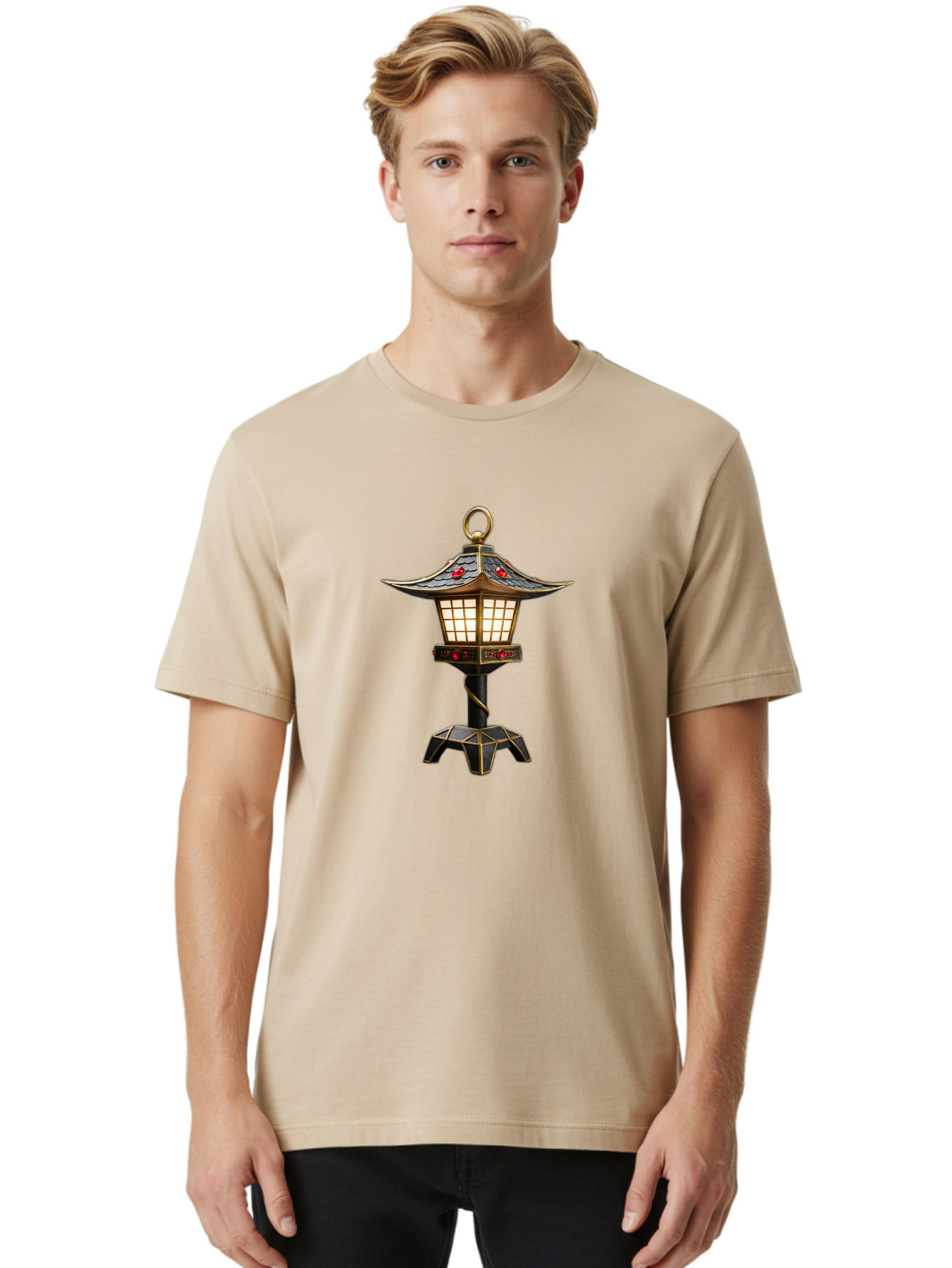 Japanese-Lantern-2 Men'S Graphic Tee, 100% Cotton, Comfortable Casual Summer Wear, Machine Washable, Traditional Pagoda Lantern, Ornate Metalwork, Red Gemstones, Gold Trim, Soft Glow, Warm Lighting, Japanese Decor, Oriental Design, Bad955