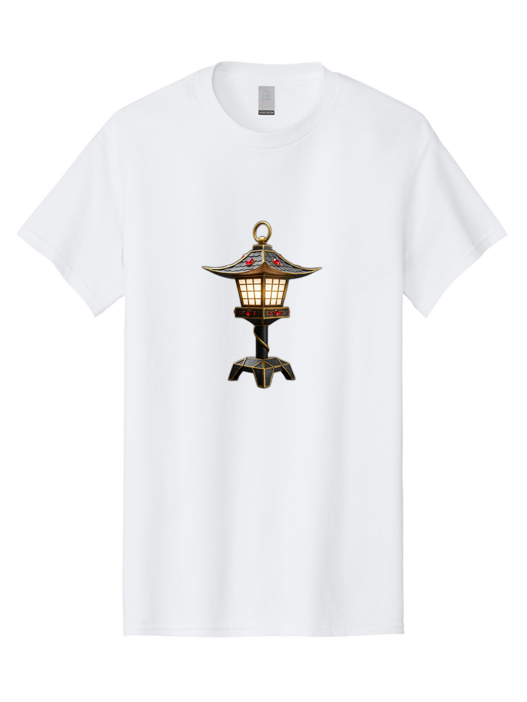 Japanese-Lantern-2 Men'S Graphic Tee, 100% Cotton, Comfortable Casual Summer Wear, Machine Washable, Traditional Pagoda Lantern, Ornate Metalwork, Red Gemstones, Gold Trim, Soft Glow, Warm Lighting, Japanese Decor, Oriental Design, Bad955