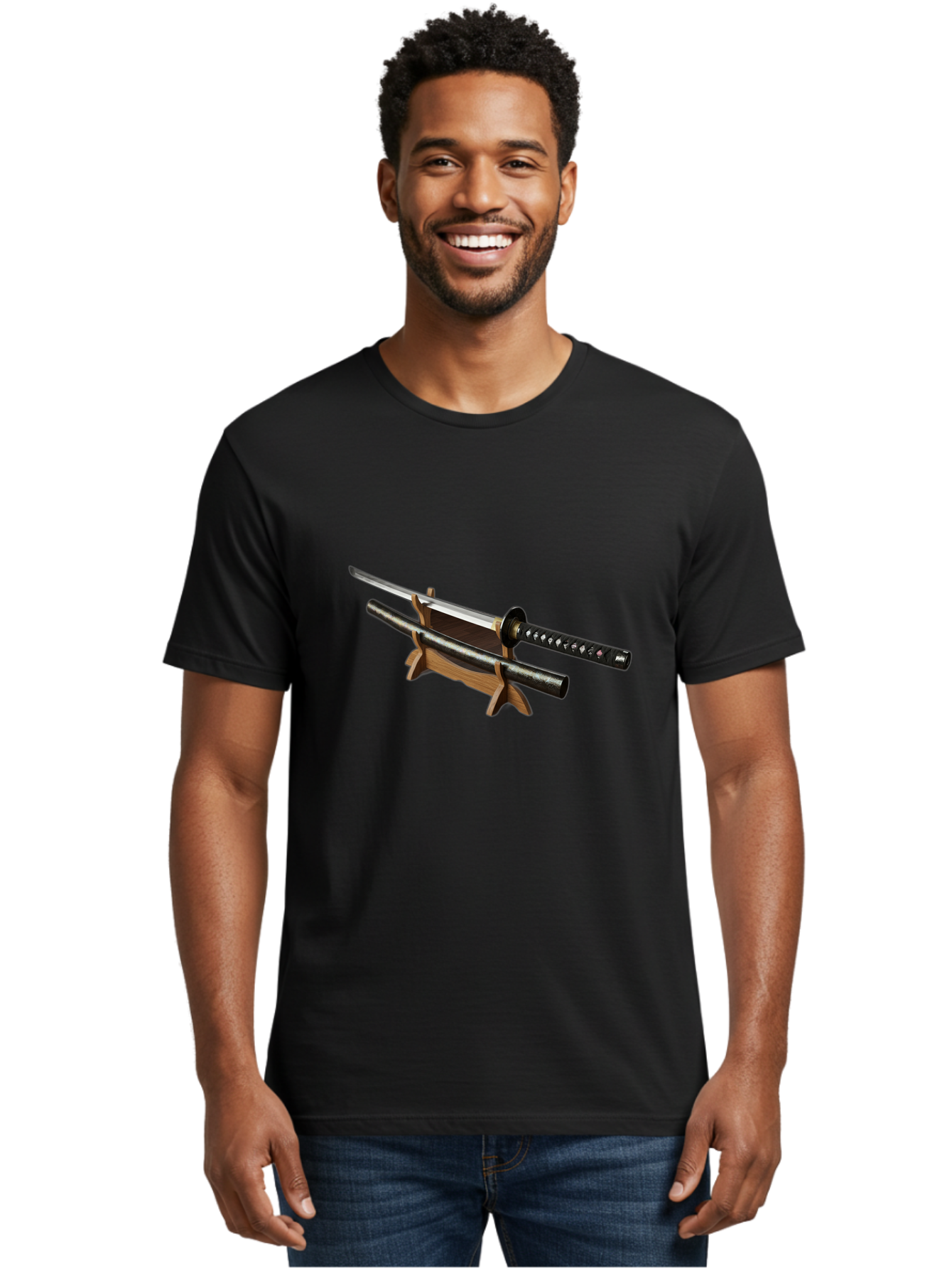 Katana-And-Scabbard Men'S Graphic Tee, 100% Cotton, Comfortable Casual Summer Wear, Machine Washable, Katana Sword, Japanese Sword, Samurai Sword, Katana On Stand, Sword Display, Traditional Japanese, Martial Arts, Black Scabbard, Wooden Stand Bad958