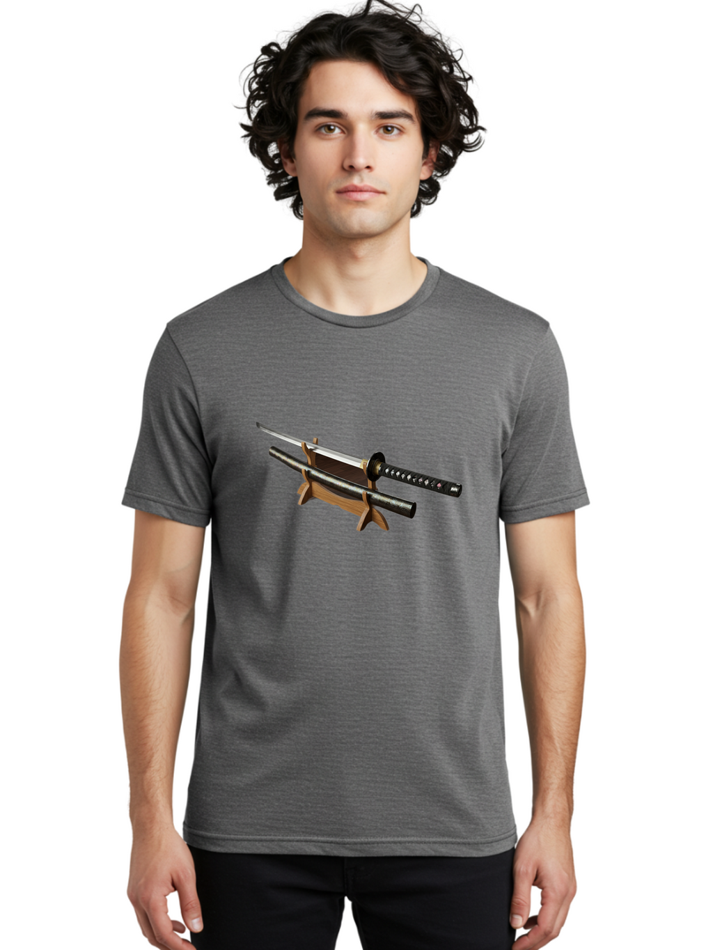 Katana-And-Scabbard Men'S Graphic Tee, 100% Cotton, Comfortable Casual Summer Wear, Machine Washable, Katana Sword, Japanese Sword, Samurai Sword, Katana On Stand, Sword Display, Traditional Japanese, Martial Arts, Black Scabbard, Wooden Stand Bad958