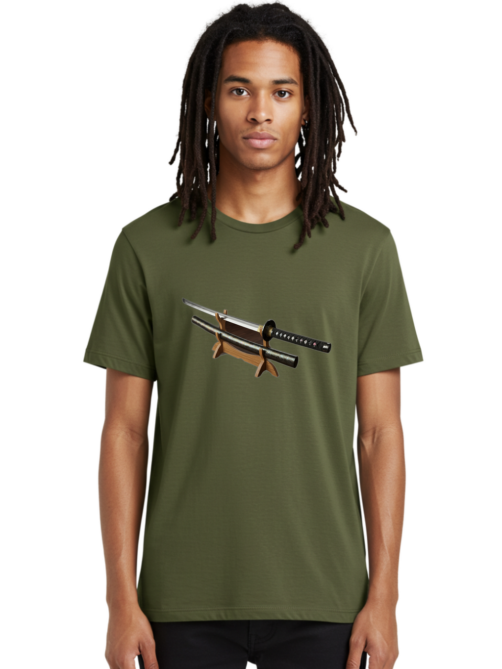 Katana-And-Scabbard Men'S Graphic Tee, 100% Cotton, Comfortable Casual Summer Wear, Machine Washable, Katana Sword, Japanese Sword, Samurai Sword, Katana On Stand, Sword Display, Traditional Japanese, Martial Arts, Black Scabbard, Wooden Stand Bad958