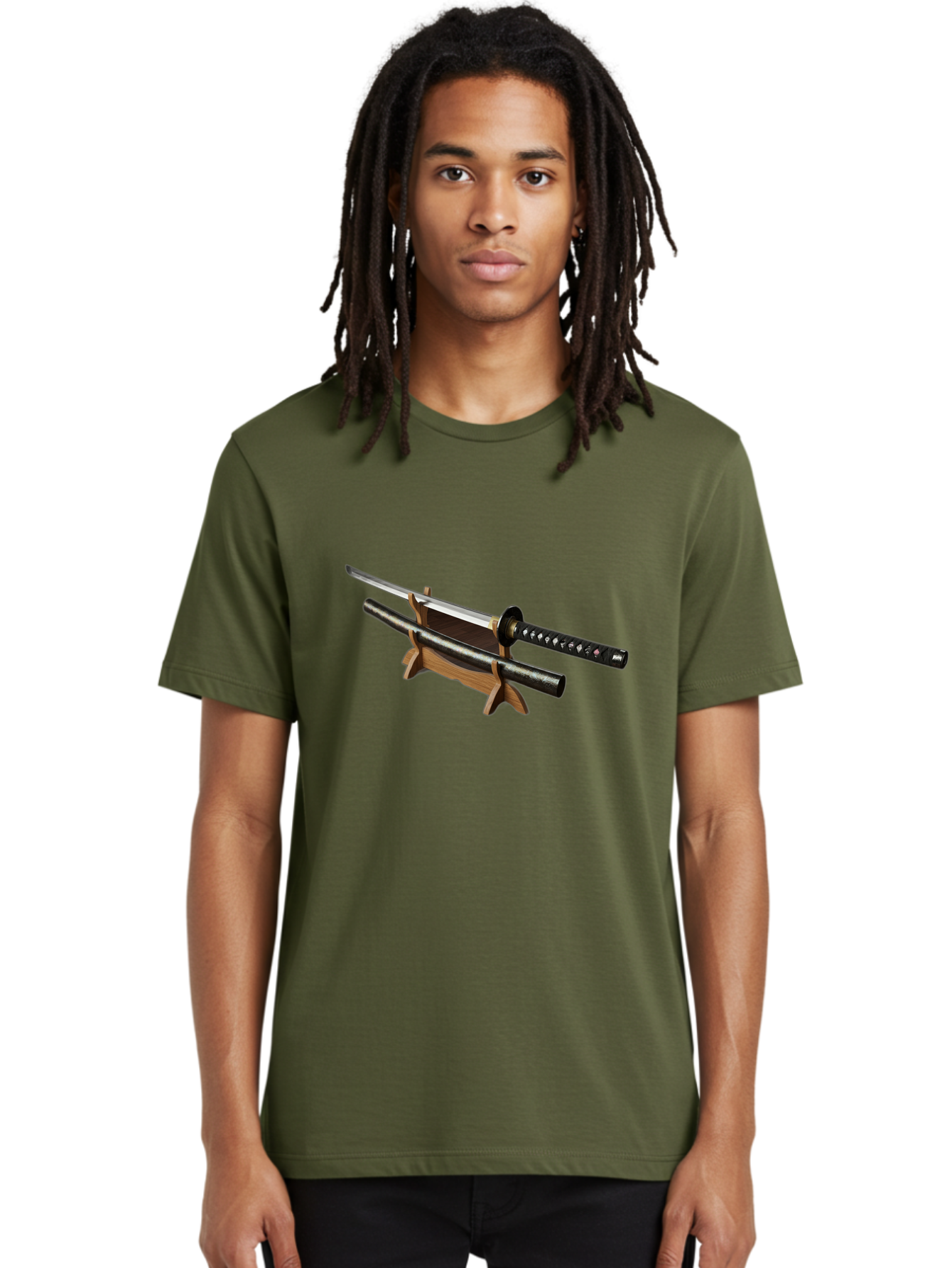 Katana-And-Scabbard Men'S Graphic Tee, 100% Cotton, Comfortable Casual Summer Wear, Machine Washable, Katana Sword, Japanese Sword, Samurai Sword, Katana On Stand, Sword Display, Traditional Japanese, Martial Arts, Black Scabbard, Wooden Stand Bad958