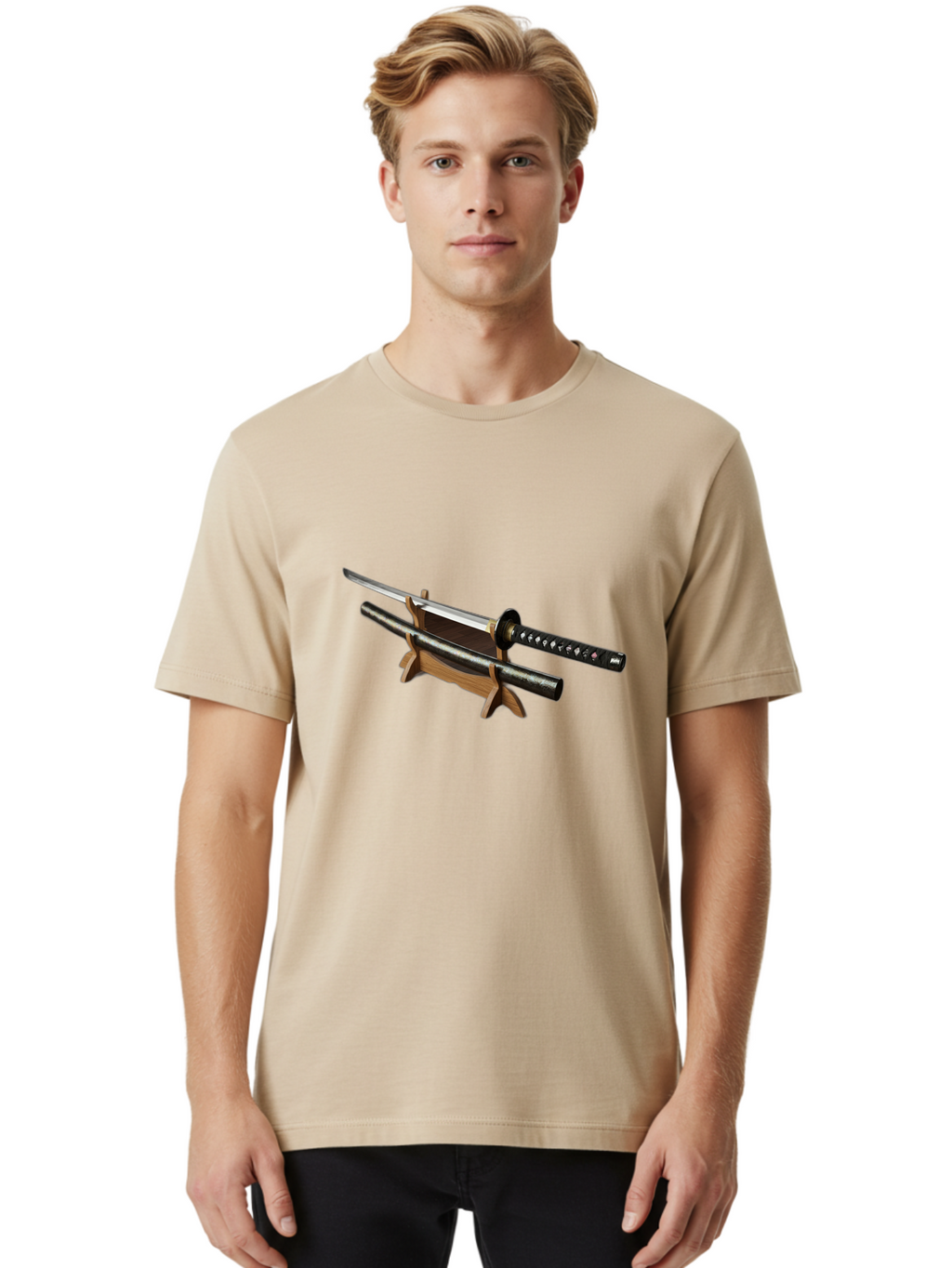 Katana-And-Scabbard Men'S Graphic Tee, 100% Cotton, Comfortable Casual Summer Wear, Machine Washable, Katana Sword, Japanese Sword, Samurai Sword, Katana On Stand, Sword Display, Traditional Japanese, Martial Arts, Black Scabbard, Wooden Stand Bad958