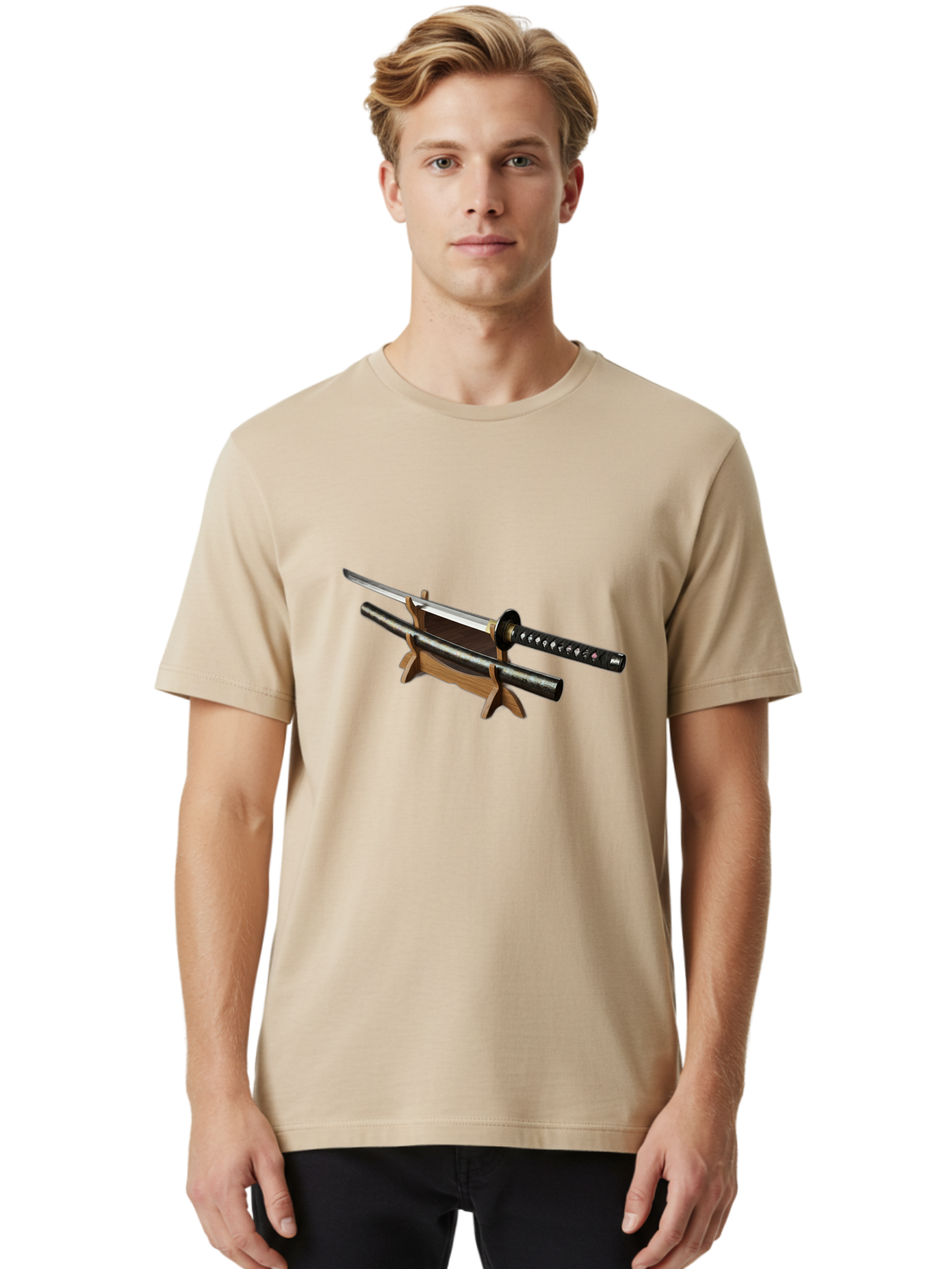 Katana-And-Scabbard Men'S Graphic Tee, 100% Cotton, Comfortable Casual Summer Wear, Machine Washable, Katana Sword, Japanese Sword, Samurai Sword, Katana On Stand, Sword Display, Traditional Japanese, Martial Arts, Black Scabbard, Wooden Stand Bad958