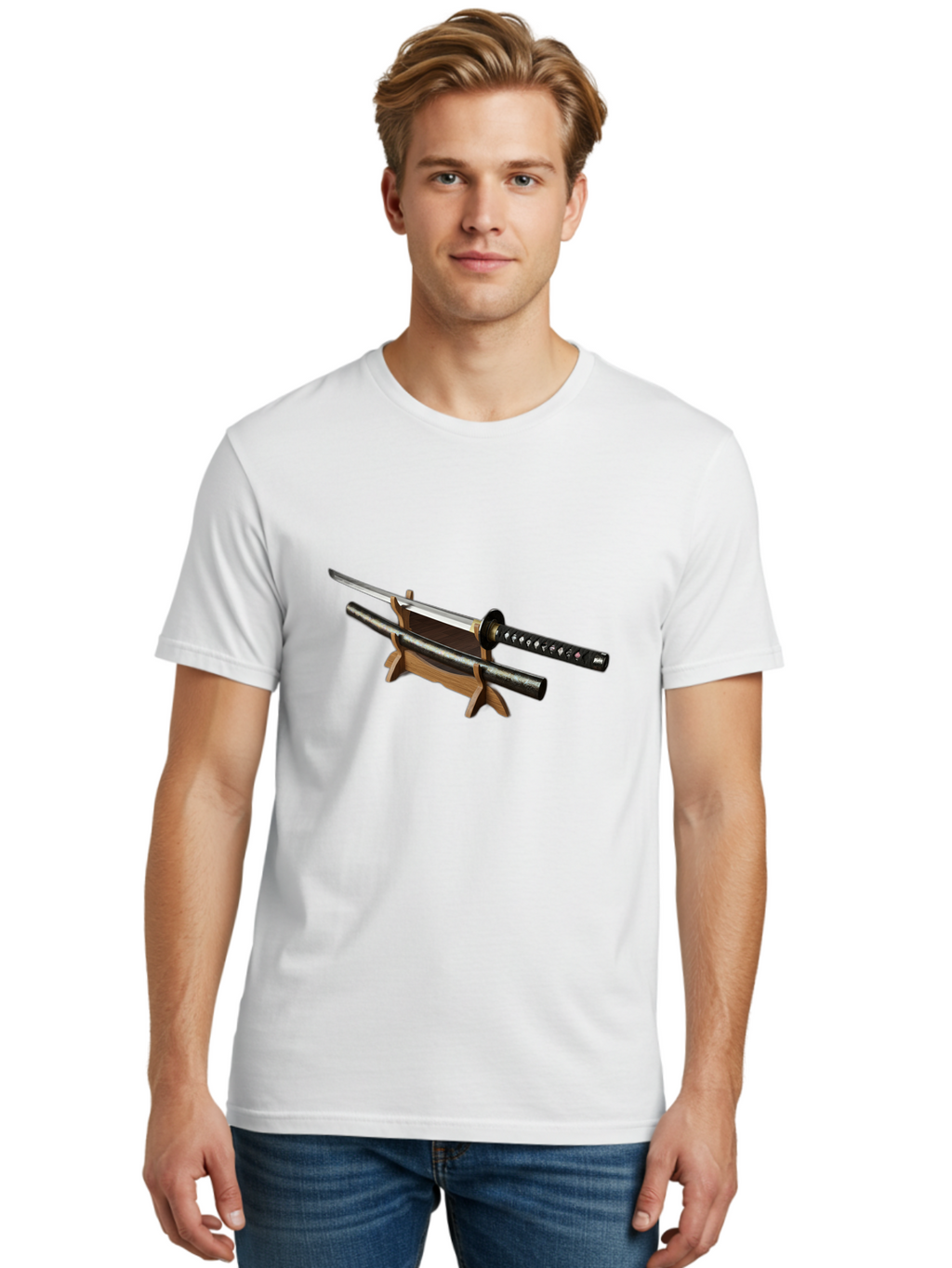 Katana-And-Scabbard Men'S Graphic Tee, 100% Cotton, Comfortable Casual Summer Wear, Machine Washable, Katana Sword, Japanese Sword, Samurai Sword, Katana On Stand, Sword Display, Traditional Japanese, Martial Arts, Black Scabbard, Wooden Stand Bad958