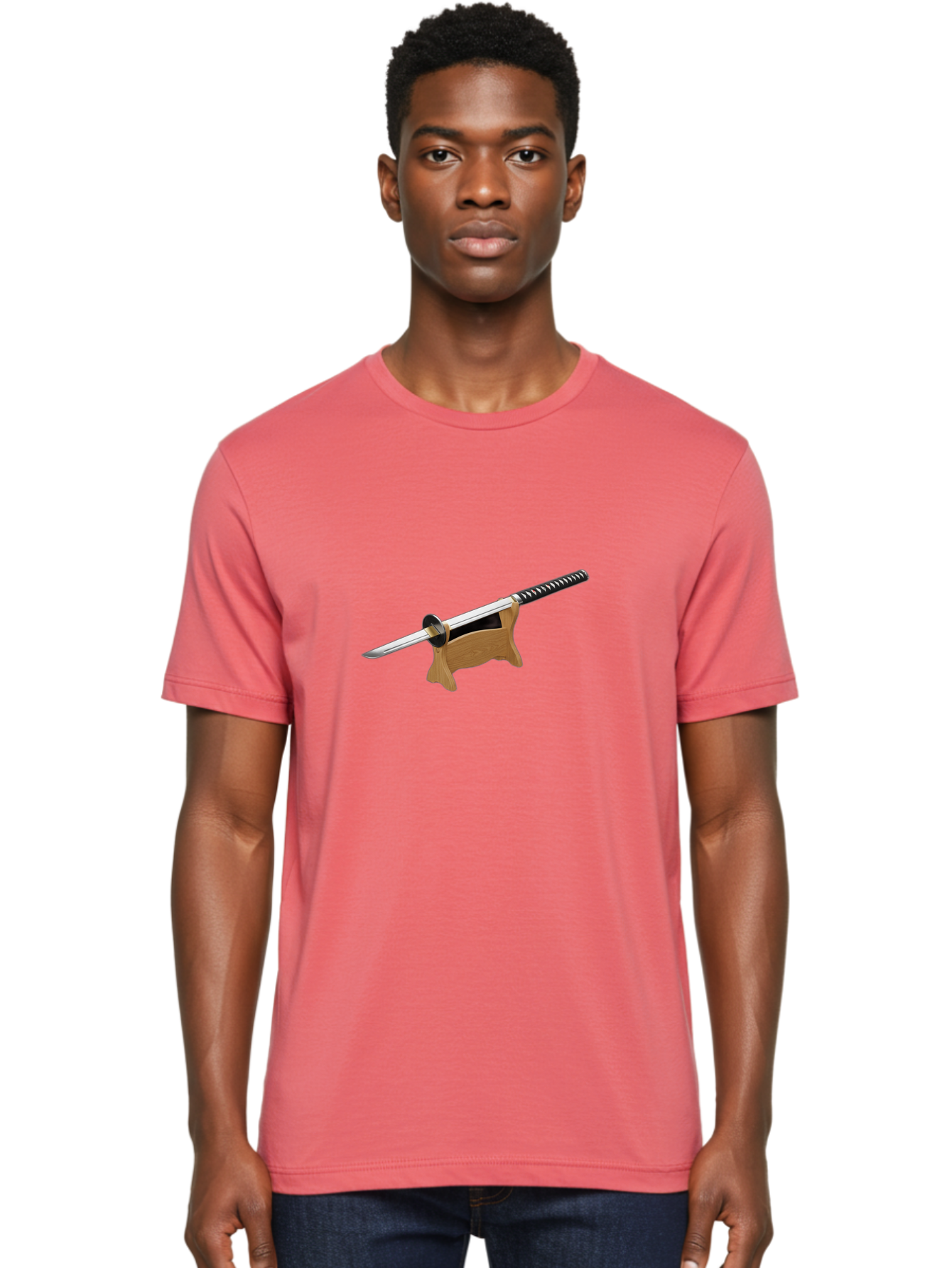 Katana-Sword Men'S Graphic Tee, 100% Cotton, Comfortable Casual Summer Wear, Machine Washable, Samurai Sword, Katana, Japanese Sword, Wooden Stand, Metal Guard, Hand Grip, Sword Display, Martial Arts Equipment, Historical Weapon Bad960