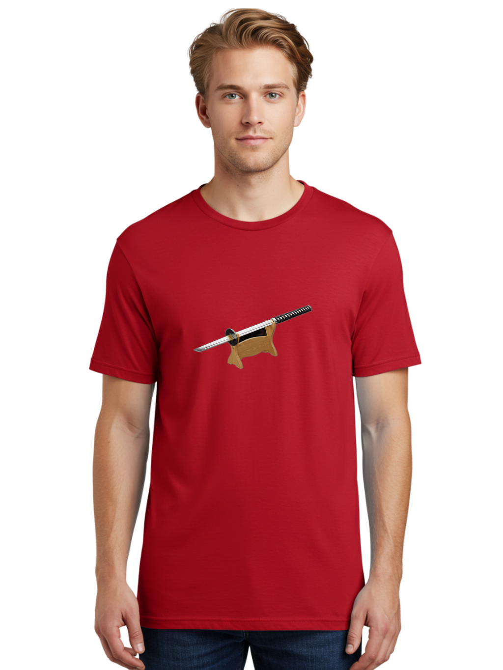 Katana-Sword Men'S Graphic Tee, 100% Cotton, Comfortable Casual Summer Wear, Machine Washable, Samurai Sword, Katana, Japanese Sword, Wooden Stand, Metal Guard, Hand Grip, Sword Display, Martial Arts Equipment, Historical Weapon Bad960