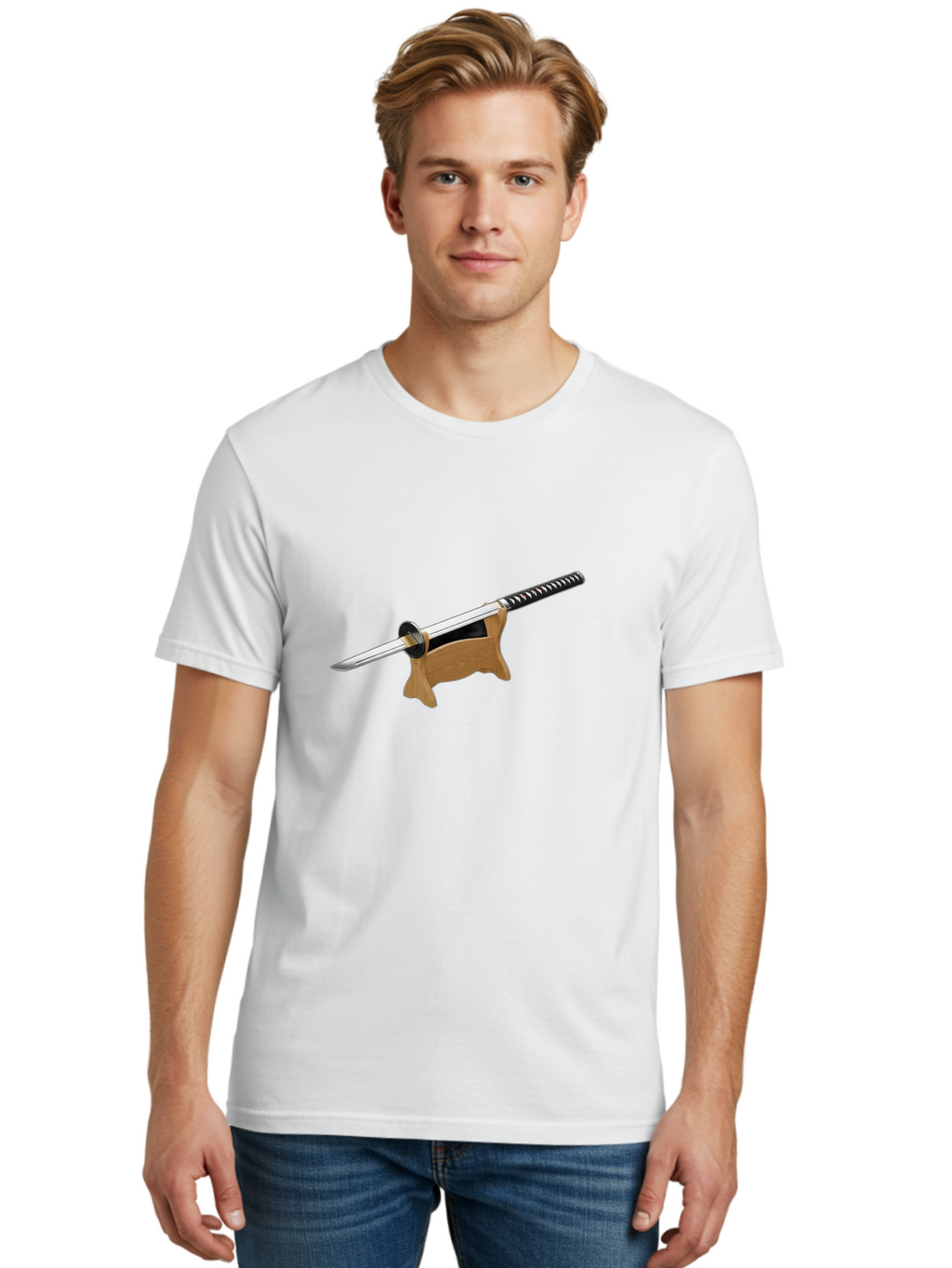 Katana-Sword Men'S Graphic Tee, 100% Cotton, Comfortable Casual Summer Wear, Machine Washable, Samurai Sword, Katana, Japanese Sword, Wooden Stand, Metal Guard, Hand Grip, Sword Display, Martial Arts Equipment, Historical Weapon Bad960