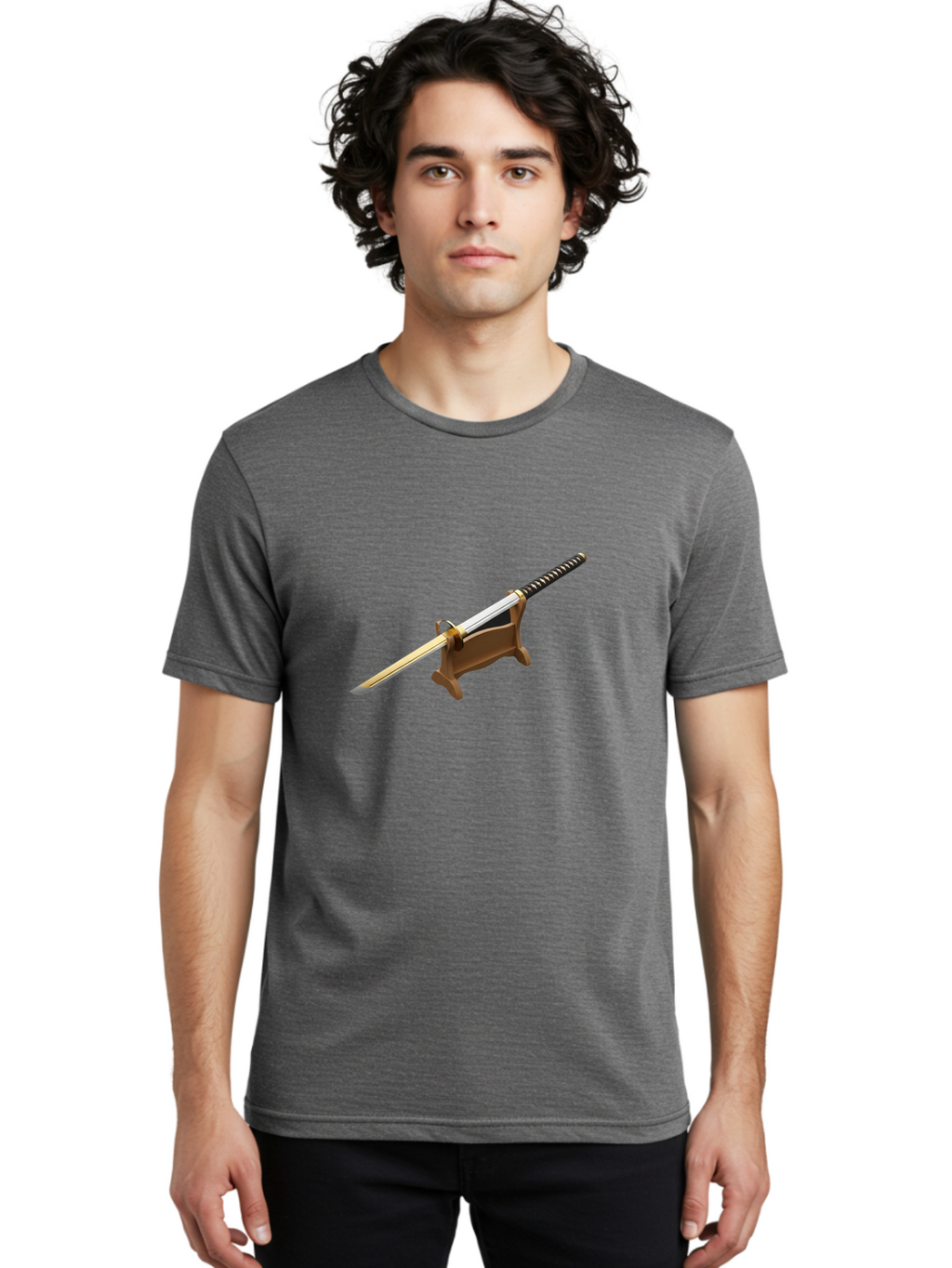 Katana Men'S Graphic Tee, 100% Cotton, Comfortable Casual Summer Wear, Machine Washable, Katana Sword, Samurai Sword, Japanese Blade, Sword On Stand, Martial Arts, Historical Weapon, Metal Sword, Sharp Blade Bad961