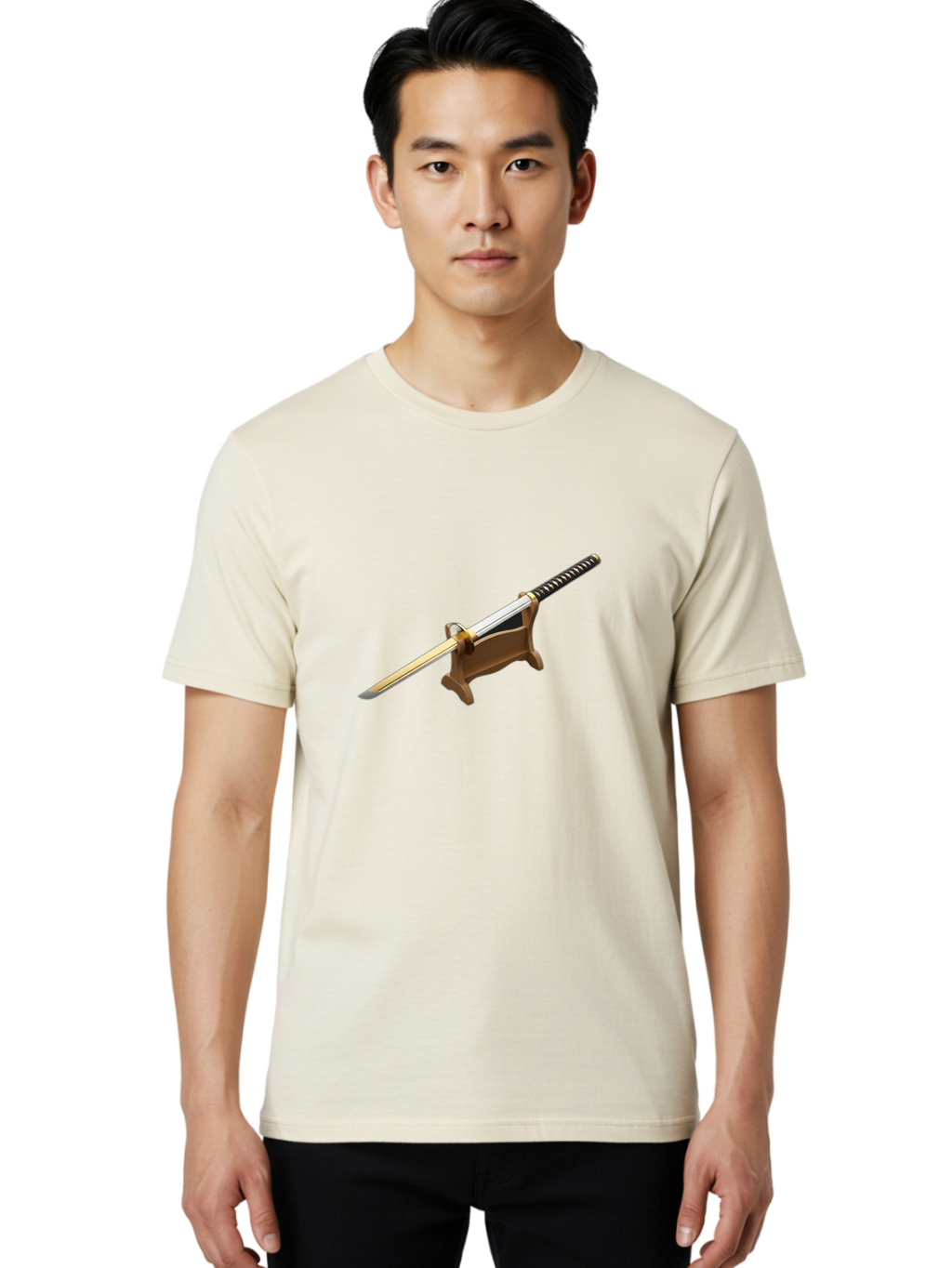Katana Men'S Graphic Tee, 100% Cotton, Comfortable Casual Summer Wear, Machine Washable, Katana Sword, Samurai Sword, Japanese Blade, Sword On Stand, Martial Arts, Historical Weapon, Metal Sword, Sharp Blade Bad961