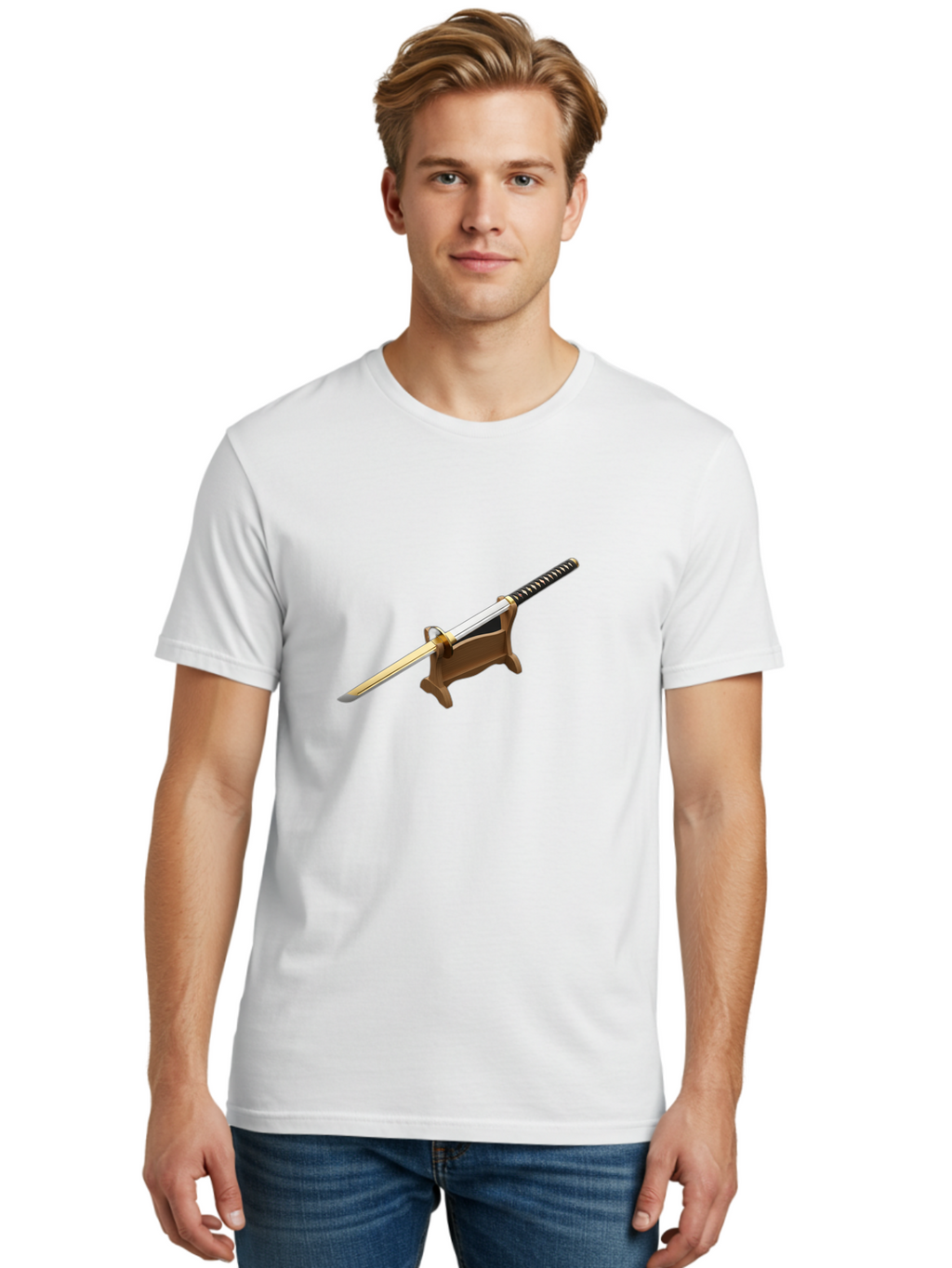 Katana Men'S Graphic Tee, 100% Cotton, Comfortable Casual Summer Wear, Machine Washable, Katana Sword, Samurai Sword, Japanese Blade, Sword On Stand, Martial Arts, Historical Weapon, Metal Sword, Sharp Blade Bad961