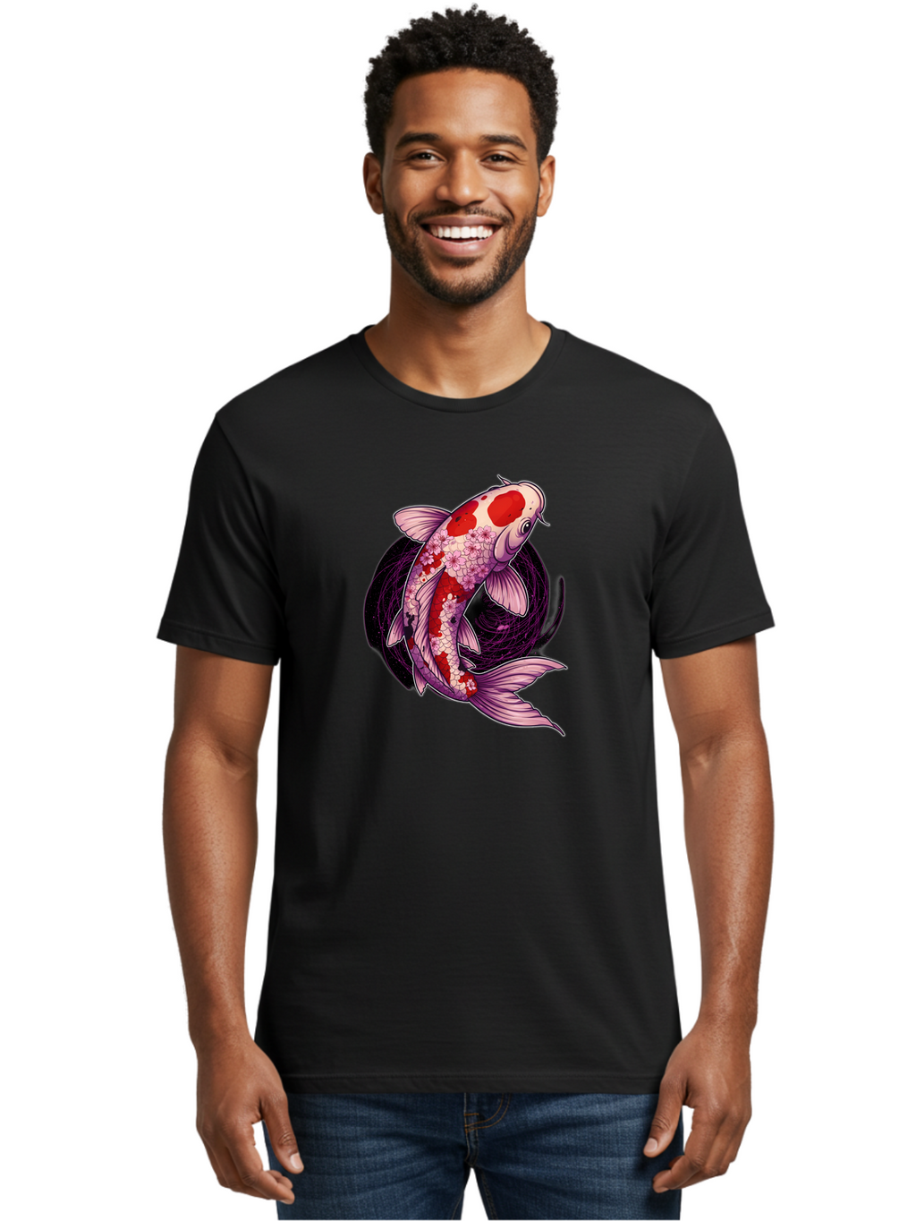 Koi-Fish-1 Men'S Graphic Tee, 100% Cotton, Comfortable Casual Summer Wear, Machine Washable, Koi Fish, Floral Patterns, Red And White Scales, Pink Flowers, Dynamic Swirl, Elegant Design, Japanese Inspiration, Symbolic Fish, Water Creature, Bad962