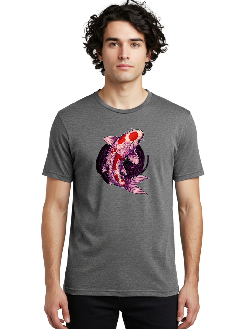 Koi-Fish-1 Men'S Graphic Tee, 100% Cotton, Comfortable Casual Summer Wear, Machine Washable, Koi Fish, Floral Patterns, Red And White Scales, Pink Flowers, Dynamic Swirl, Elegant Design, Japanese Inspiration, Symbolic Fish, Water Creature, Bad962