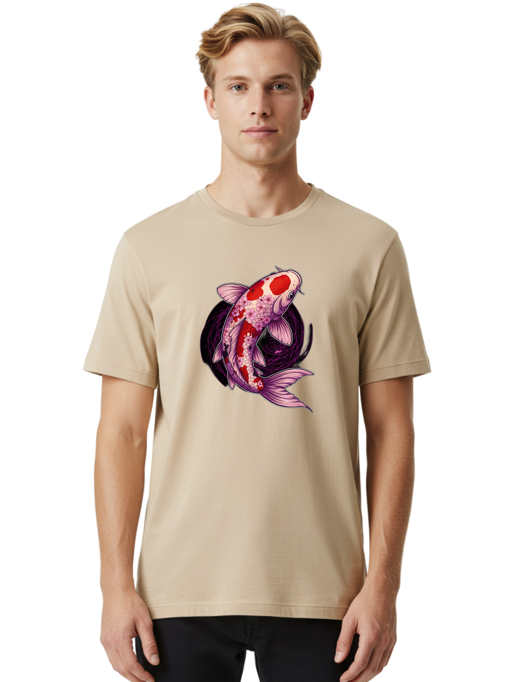 Koi-Fish-1 Men'S Graphic Tee, 100% Cotton, Comfortable Casual Summer Wear, Machine Washable, Koi Fish, Floral Patterns, Red And White Scales, Pink Flowers, Dynamic Swirl, Elegant Design, Japanese Inspiration, Symbolic Fish, Water Creature, Bad962