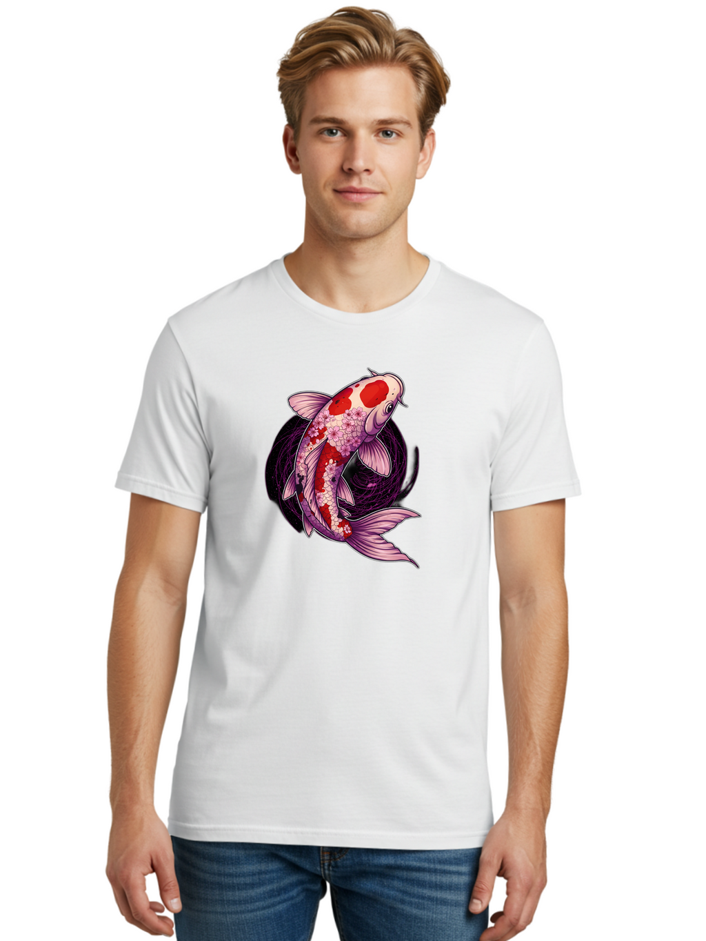 Koi-Fish-1 Men'S Graphic Tee, 100% Cotton, Comfortable Casual Summer Wear, Machine Washable, Koi Fish, Floral Patterns, Red And White Scales, Pink Flowers, Dynamic Swirl, Elegant Design, Japanese Inspiration, Symbolic Fish, Water Creature, Bad962