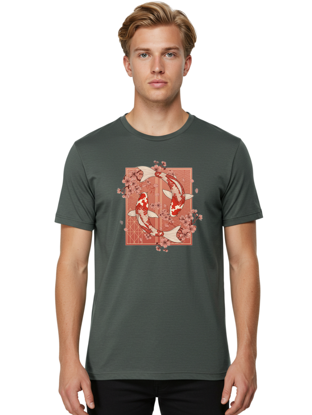 Koi-Fish Men'S Graphic Tee, 100% Cotton, Comfortable Casual Summer Wear, Machine Washable, Koi Fish, Red And White Fish, Cherry Blossoms, Japanese Culture, Traditional Art, Symbolic Fish, Harmonious Design, Serene Atmosphere, Elegant Pattern, Bad963