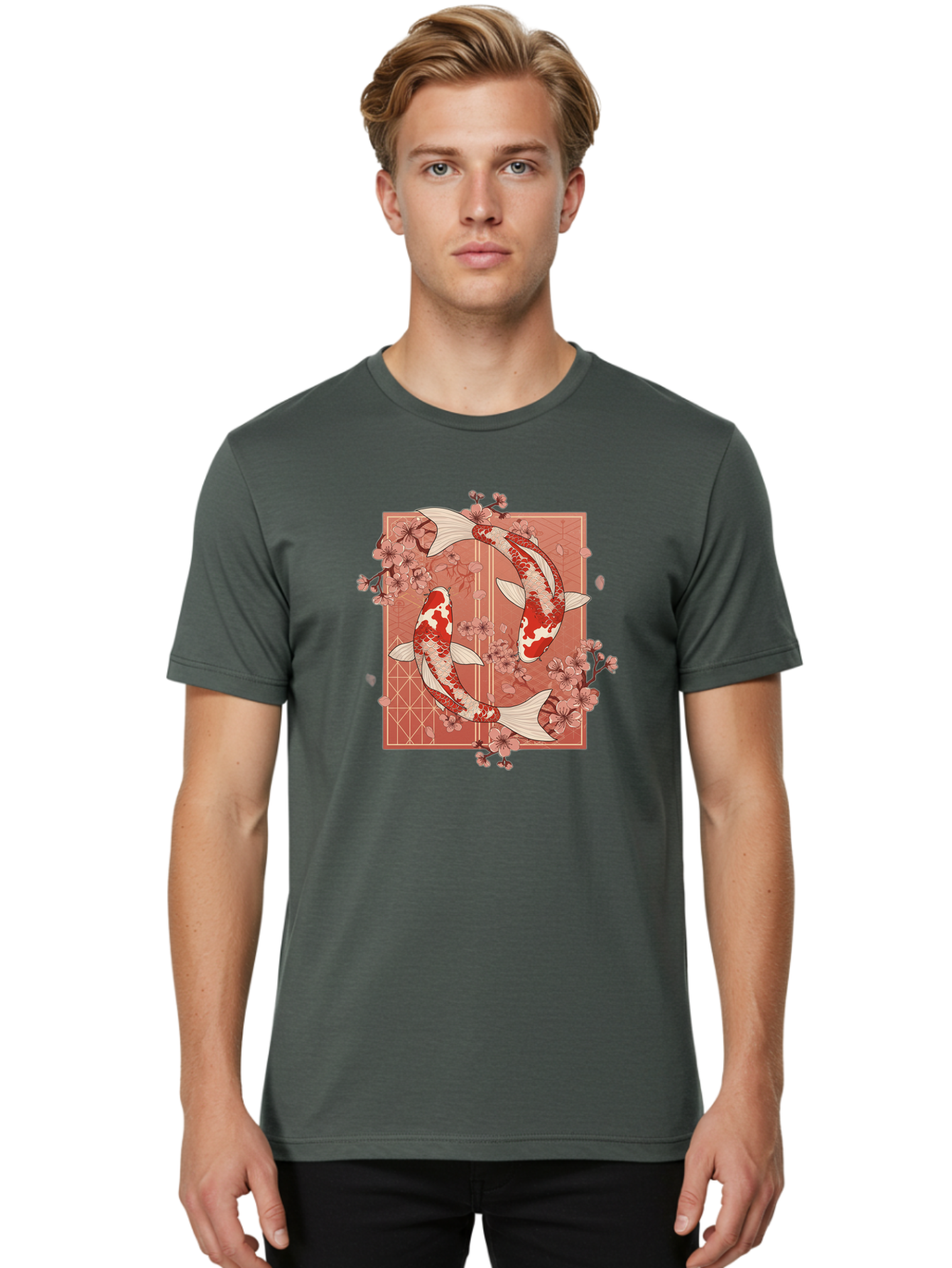 Koi-Fish Men'S Graphic Tee, 100% Cotton, Comfortable Casual Summer Wear, Machine Washable, Koi Fish, Red And White Fish, Cherry Blossoms, Japanese Culture, Traditional Art, Symbolic Fish, Harmonious Design, Serene Atmosphere, Elegant Pattern, Bad963