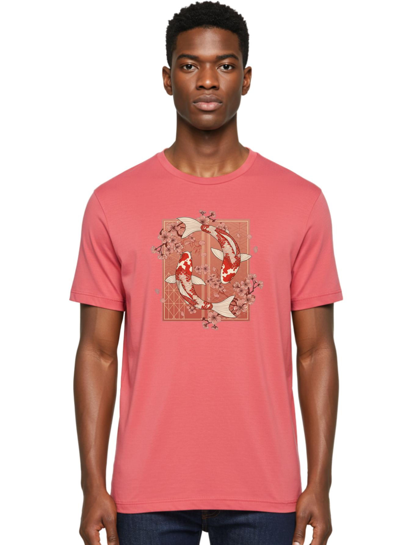 Koi-Fish Men'S Graphic Tee, 100% Cotton, Comfortable Casual Summer Wear, Machine Washable, Koi Fish, Red And White Fish, Cherry Blossoms, Japanese Culture, Traditional Art, Symbolic Fish, Harmonious Design, Serene Atmosphere, Elegant Pattern, Bad963