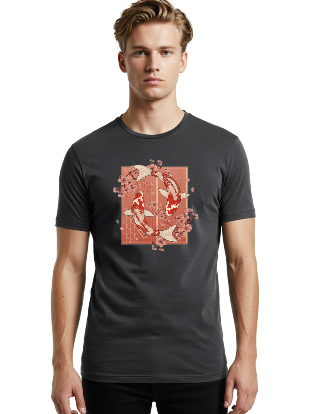 Koi-Fish Men'S Graphic Tee, 100% Cotton, Comfortable Casual Summer Wear, Machine Washable, Koi Fish, Red And White Fish, Cherry Blossoms, Japanese Culture, Traditional Art, Symbolic Fish, Harmonious Design, Serene Atmosphere, Elegant Pattern, Bad963