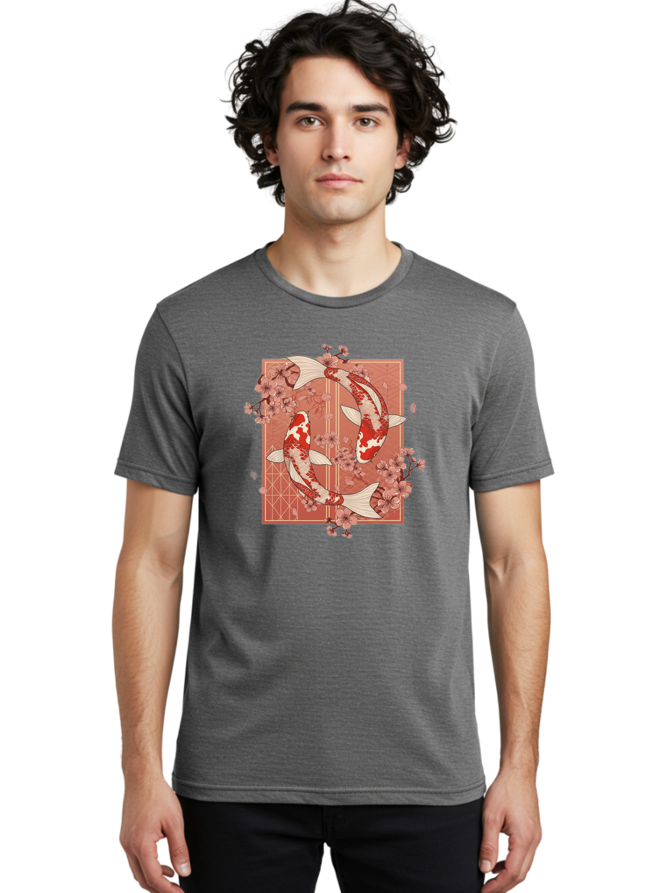 Koi-Fish Men'S Graphic Tee, 100% Cotton, Comfortable Casual Summer Wear, Machine Washable, Koi Fish, Red And White Fish, Cherry Blossoms, Japanese Culture, Traditional Art, Symbolic Fish, Harmonious Design, Serene Atmosphere, Elegant Pattern, Bad963