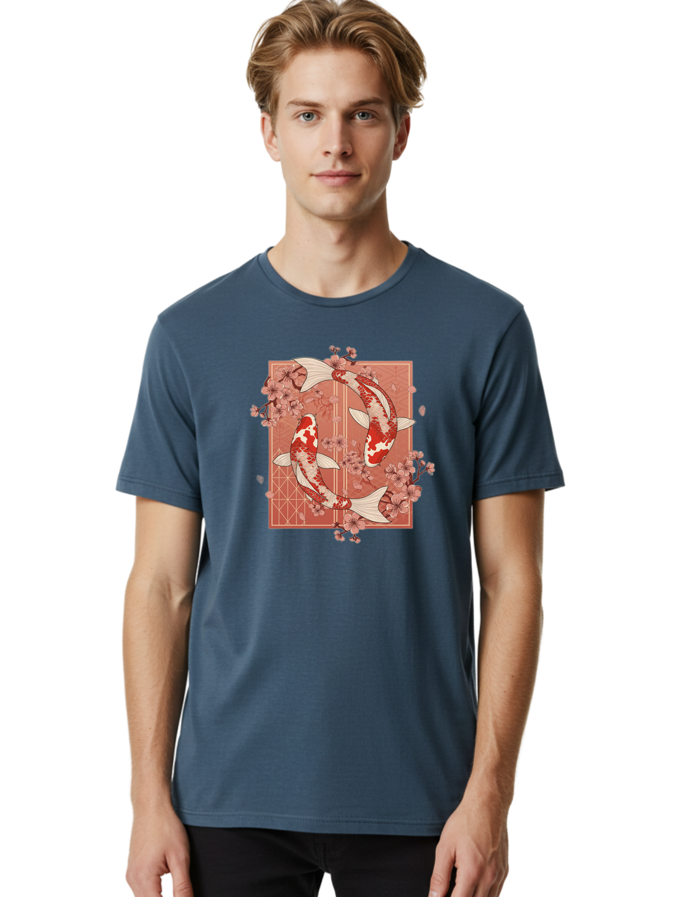 Koi-Fish Men'S Graphic Tee, 100% Cotton, Comfortable Casual Summer Wear, Machine Washable, Koi Fish, Red And White Fish, Cherry Blossoms, Japanese Culture, Traditional Art, Symbolic Fish, Harmonious Design, Serene Atmosphere, Elegant Pattern, Bad963