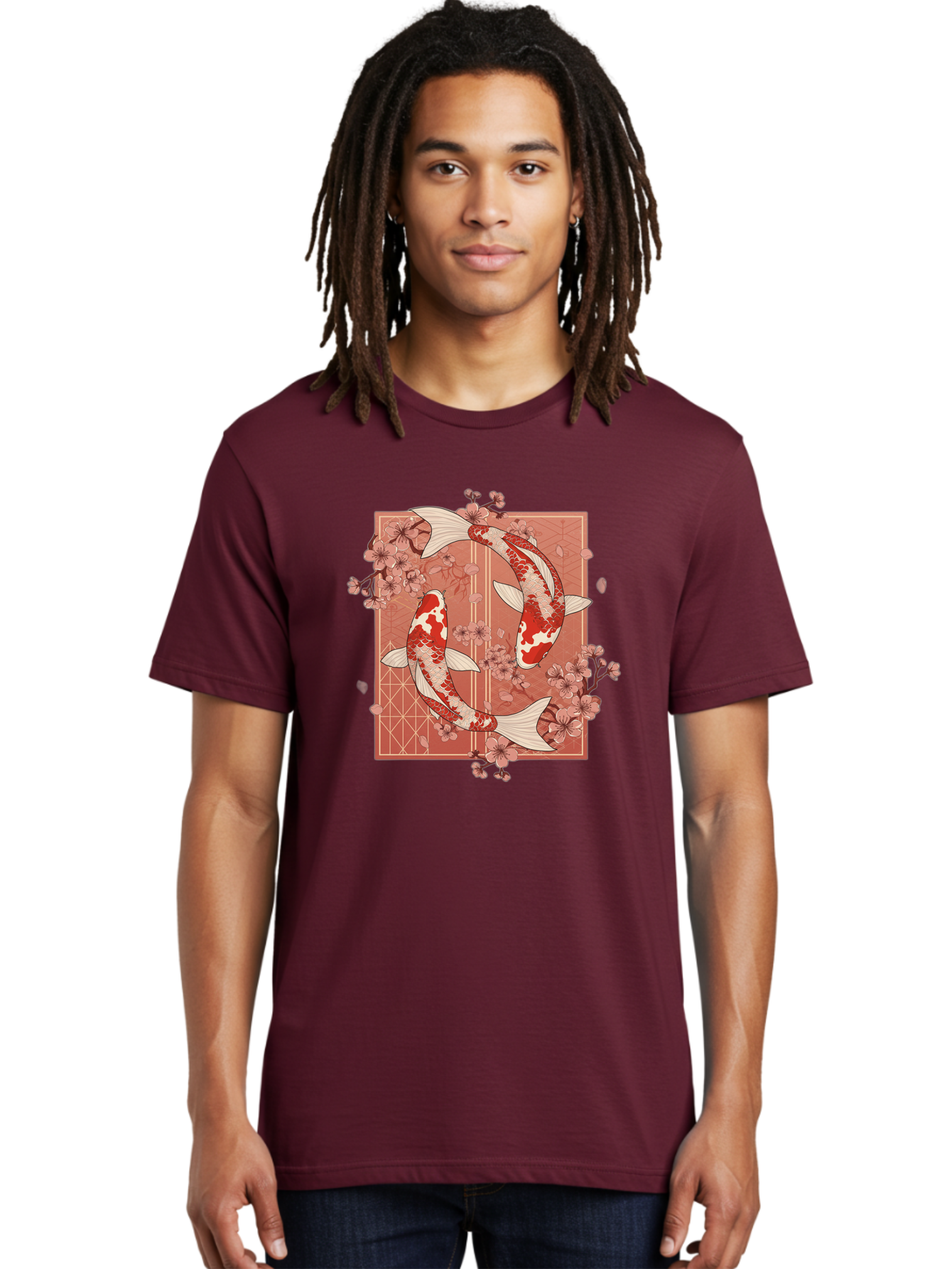 Koi-Fish Men'S Graphic Tee, 100% Cotton, Comfortable Casual Summer Wear, Machine Washable, Koi Fish, Red And White Fish, Cherry Blossoms, Japanese Culture, Traditional Art, Symbolic Fish, Harmonious Design, Serene Atmosphere, Elegant Pattern, Bad963