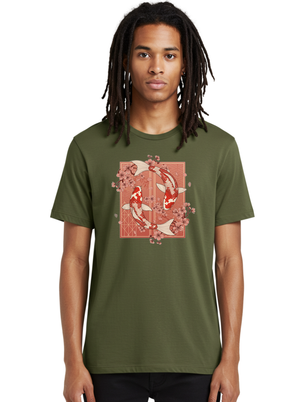 Koi-Fish Men'S Graphic Tee, 100% Cotton, Comfortable Casual Summer Wear, Machine Washable, Koi Fish, Red And White Fish, Cherry Blossoms, Japanese Culture, Traditional Art, Symbolic Fish, Harmonious Design, Serene Atmosphere, Elegant Pattern, Bad963