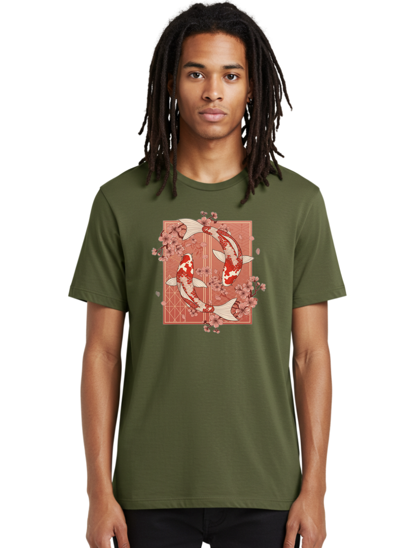 Koi-Fish Men'S Graphic Tee, 100% Cotton, Comfortable Casual Summer Wear, Machine Washable, Koi Fish, Red And White Fish, Cherry Blossoms, Japanese Culture, Traditional Art, Symbolic Fish, Harmonious Design, Serene Atmosphere, Elegant Pattern, Bad963