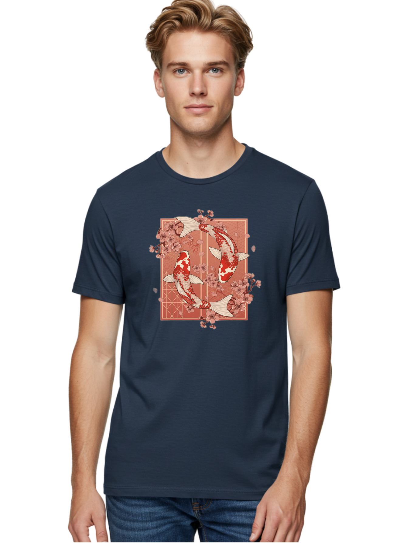 Koi-Fish Men'S Graphic Tee, 100% Cotton, Comfortable Casual Summer Wear, Machine Washable, Koi Fish, Red And White Fish, Cherry Blossoms, Japanese Culture, Traditional Art, Symbolic Fish, Harmonious Design, Serene Atmosphere, Elegant Pattern, Bad963