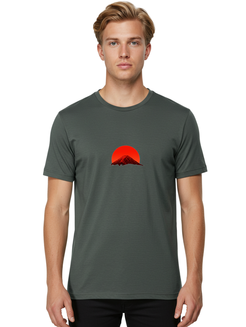 Mount-Fuji-1 Men'S Graphic Tee, 100% Cotton, Comfortable Casual Summer Wear, Machine Washable, Mount Fuji Silhouette, Red Sun, Japanese Landscape, Mountain Scenery, Serene Atmosphere, Iconic Landmark, Symbolic Imagery Bad966