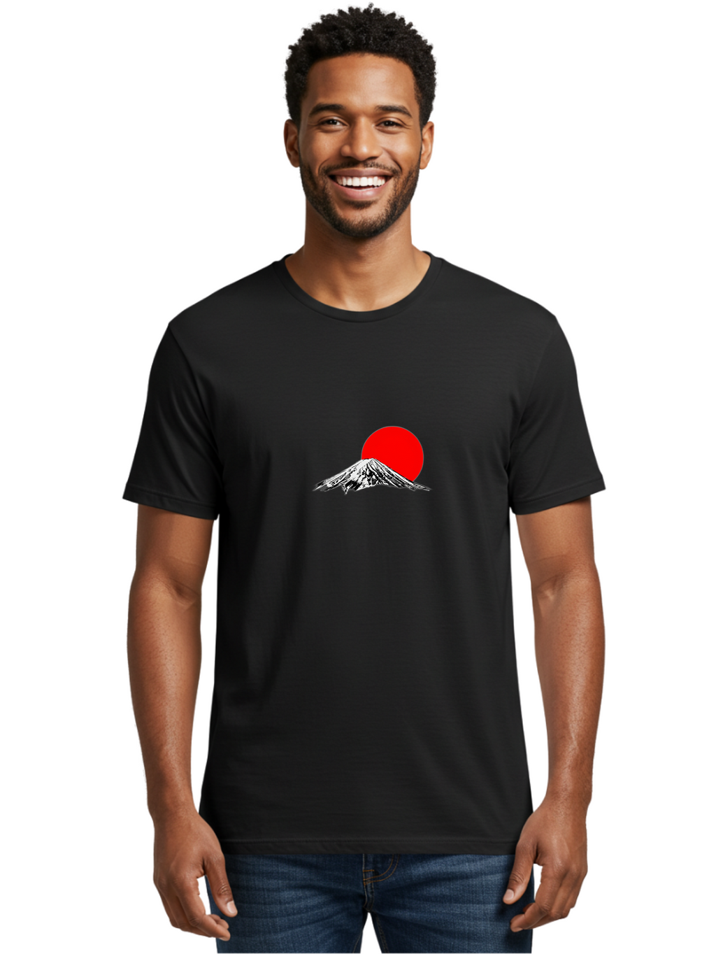 Mount-Fuji-6 Men'S Graphic Tee, 100% Cotton, Comfortable Casual Summer Wear, Machine Washable, Mount Fuji Illustration, Red Sun, Minimalist Design, Japanese Culture, Iconic Landmarks, Black And White Graphics, Simple Shapes, Bold Colors, Bad971