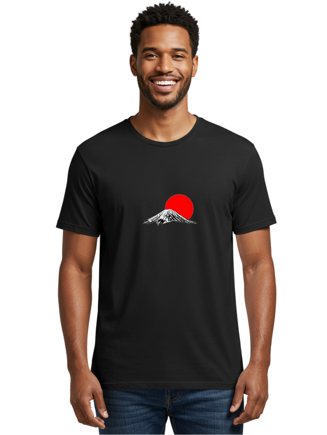 Mount-Fuji-6 Men'S Graphic Tee, 100% Cotton, Comfortable Casual Summer Wear, Machine Washable, Mount Fuji Illustration, Red Sun, Minimalist Design, Japanese Culture, Iconic Landmarks, Black And White Graphics, Simple Shapes, Bold Colors, Bad971