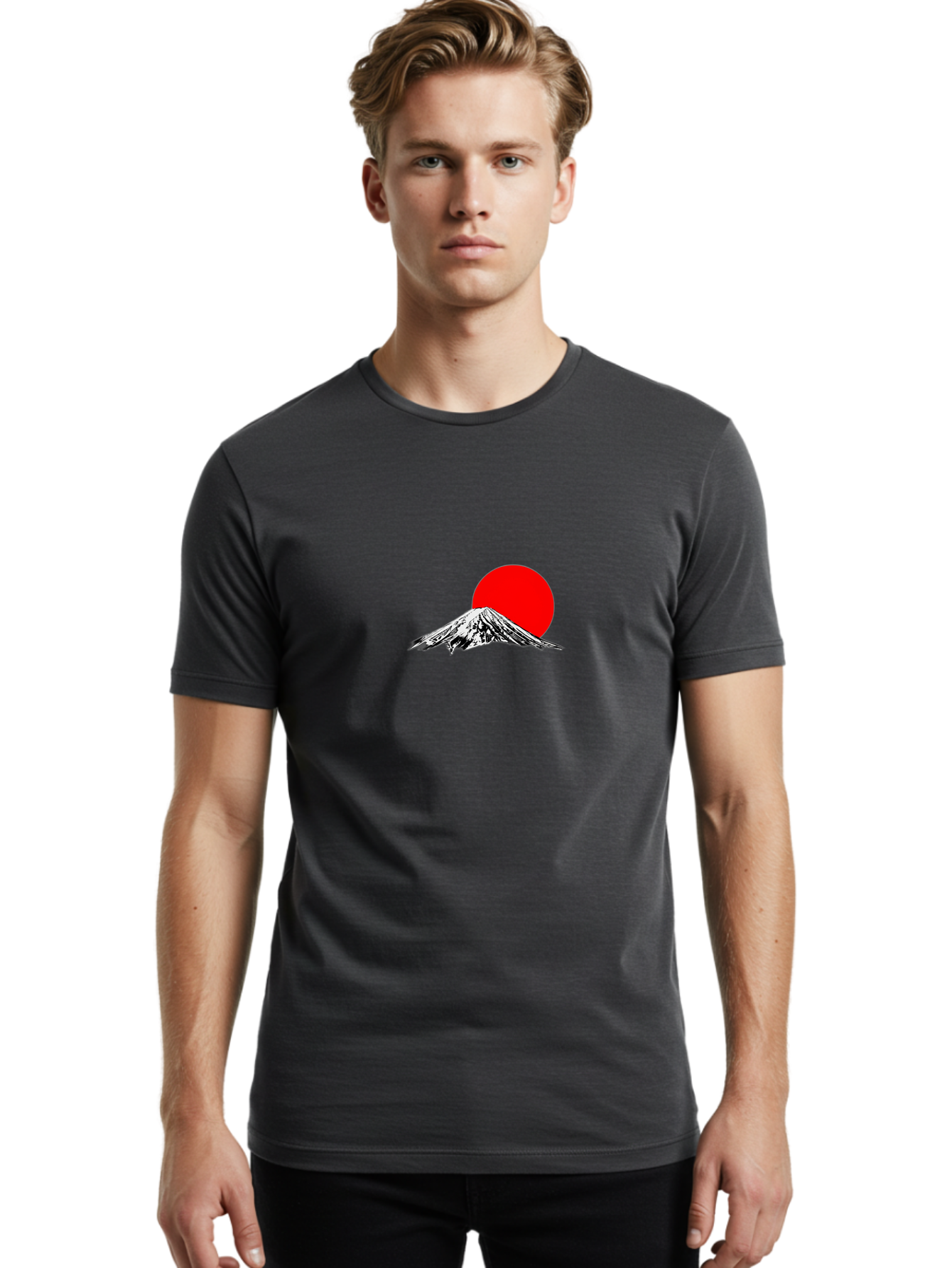 Mount-Fuji-6 Men'S Graphic Tee, 100% Cotton, Comfortable Casual Summer Wear, Machine Washable, Mount Fuji Illustration, Red Sun, Minimalist Design, Japanese Culture, Iconic Landmarks, Black And White Graphics, Simple Shapes, Bold Colors, Bad971