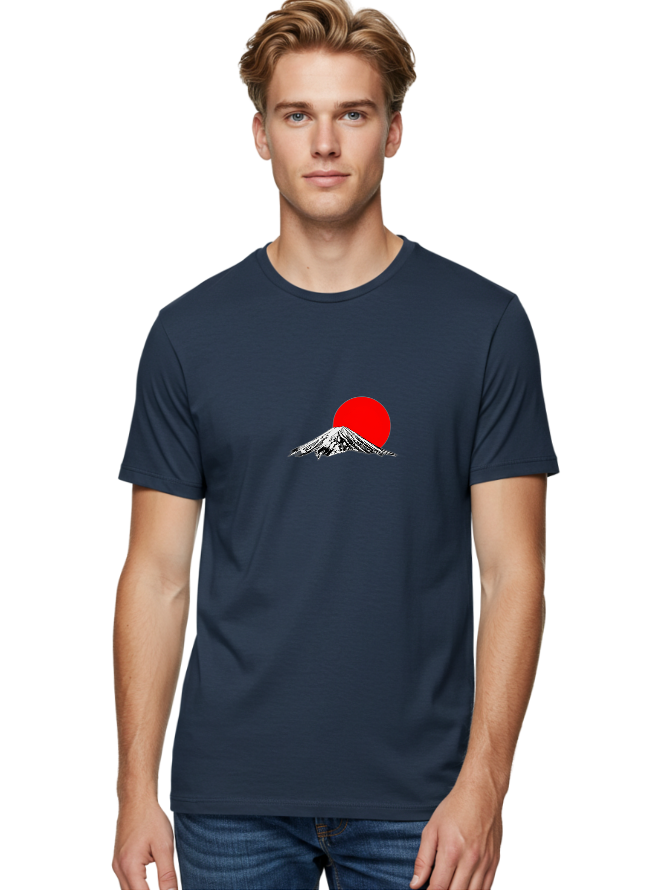 Mount-Fuji-6 Men'S Graphic Tee, 100% Cotton, Comfortable Casual Summer Wear, Machine Washable, Mount Fuji Illustration, Red Sun, Minimalist Design, Japanese Culture, Iconic Landmarks, Black And White Graphics, Simple Shapes, Bold Colors, Bad971