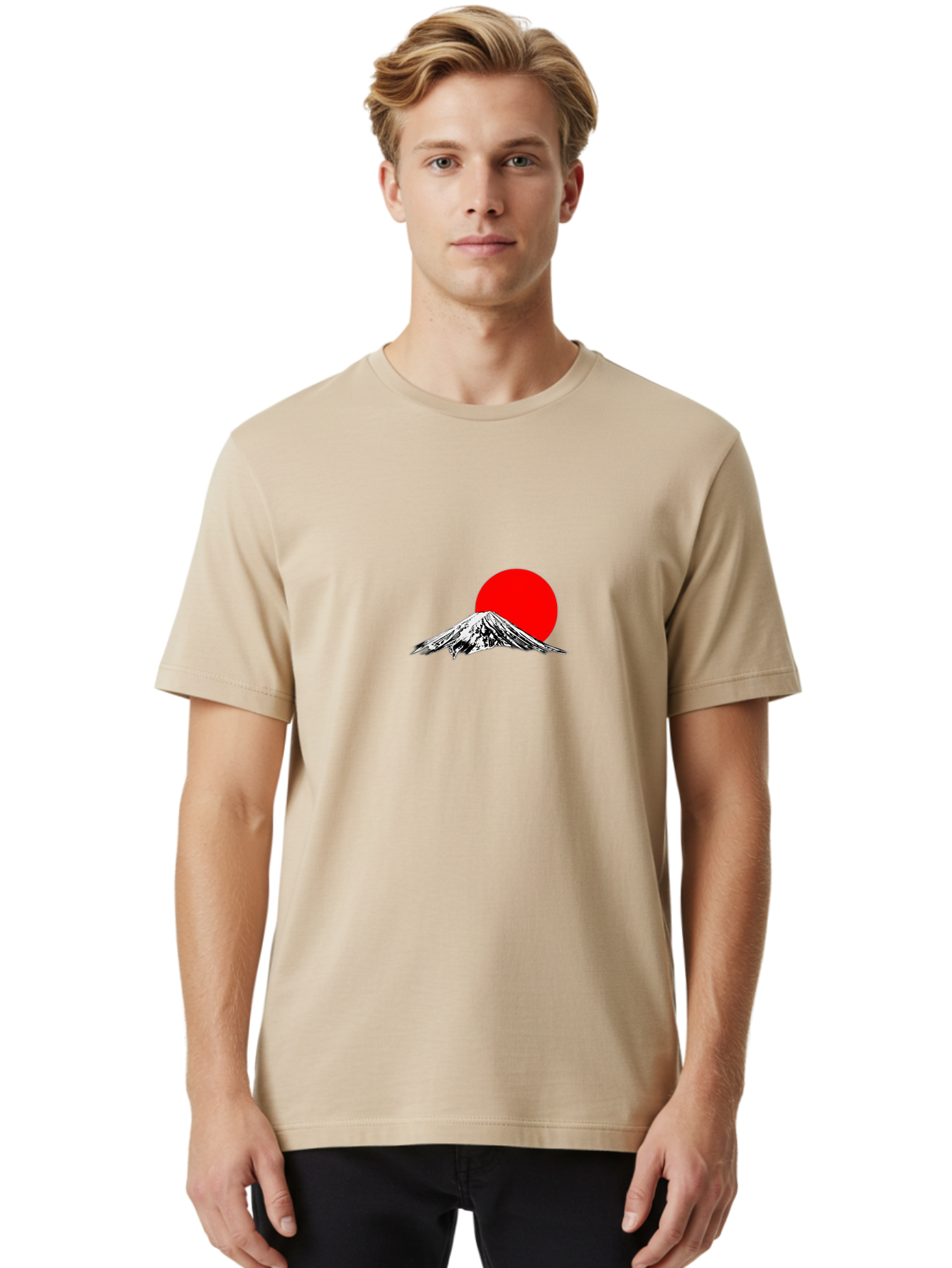 Mount-Fuji-6 Men'S Graphic Tee, 100% Cotton, Comfortable Casual Summer Wear, Machine Washable, Mount Fuji Illustration, Red Sun, Minimalist Design, Japanese Culture, Iconic Landmarks, Black And White Graphics, Simple Shapes, Bold Colors, Bad971