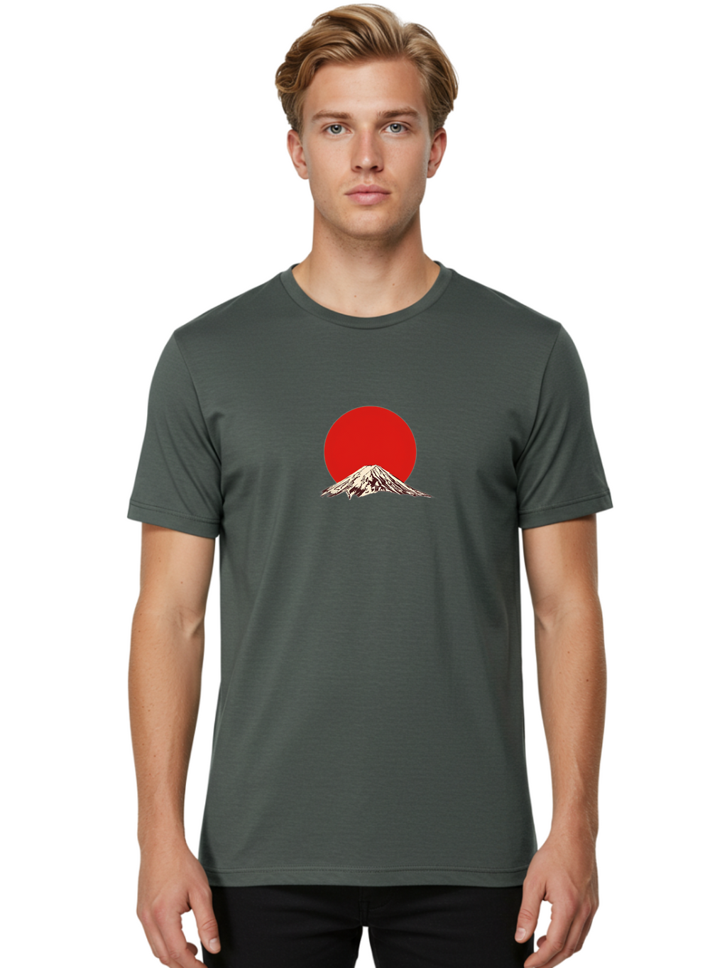 Mount-Fuji-7 Men'S Graphic Tee, 100% Cotton, Comfortable Casual Summer Wear, Machine Washable, Mount Fuji, Red Sun, Japanese Mountain, Iconic Landmark, Serene Landscape, Snow-Capped Peak, Minimalist Design, Bold Colors Bad972