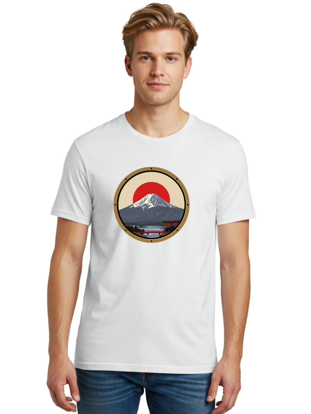 Mount-Fuji-8 Men'S Graphic Tee, 100% Cotton, Comfortable Casual Summer Wear, Machine Washable, Mount Fuji Landscape, Red Torii Gate, Serene Lake, Japanese Scenery, Red Bridge, Sunrise, Iconic Landmark, Beautiful Mountain Bad973