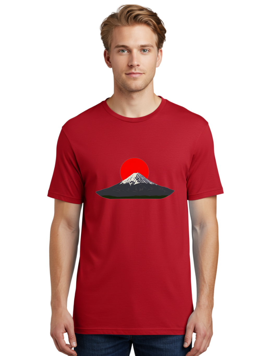 Mount-Fuji-9 Men'S Graphic Tee, 100% Cotton, Comfortable Casual Summer Wear, Machine Washable, Mount Fuji Silhouette, Red Sun, Japanese Landscape, Minimalist Design, Iconic Mountain, Serene Atmosphere, Cultural Symbol, Japan Tourism Bad974