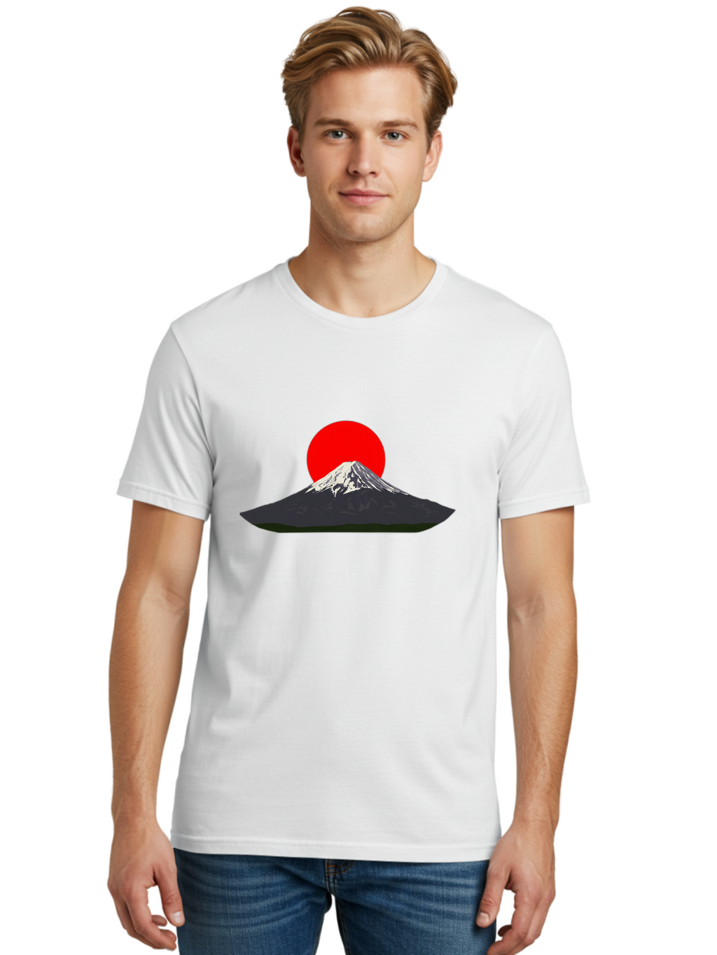 Mount-Fuji-9 Men'S Graphic Tee, 100% Cotton, Comfortable Casual Summer Wear, Machine Washable, Mount Fuji Silhouette, Red Sun, Japanese Landscape, Minimalist Design, Iconic Mountain, Serene Atmosphere, Cultural Symbol, Japan Tourism Bad974