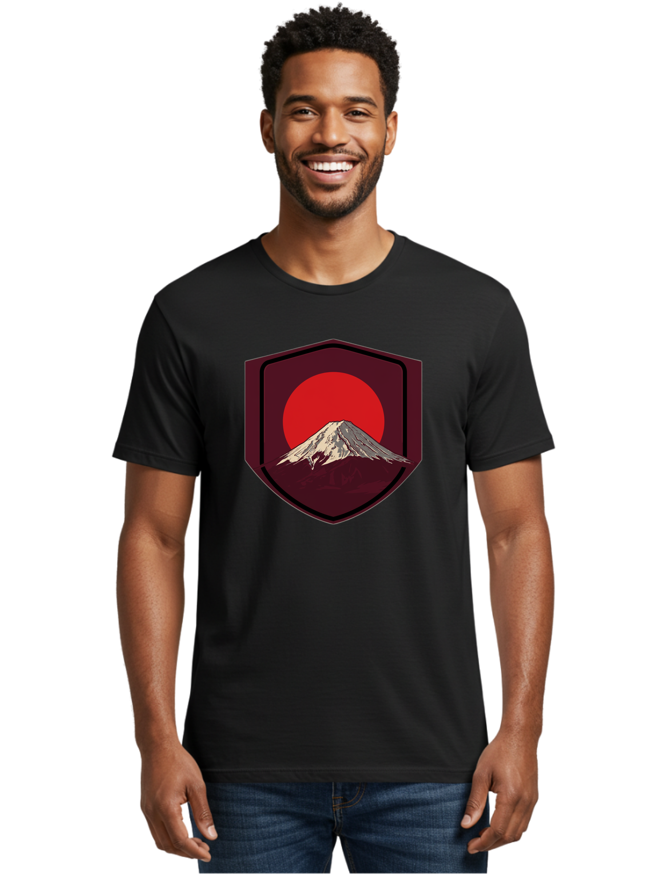 Mount-Fuji-Badge Men'S Graphic Tee, 100% Cotton, Comfortable Casual Summer Wear, Machine Washable, Mount Fuji, Japanese Mountain, Red Sun, Shield Emblem, Mountain Landscape, Japanese Culture, Iconic Symbol, Graphic Design, Red Circle Bad975