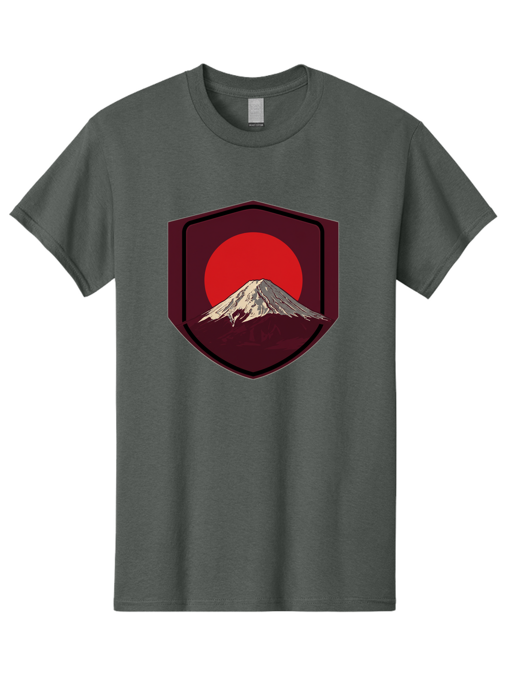Mount-Fuji-Badge Men'S Graphic Tee, 100% Cotton, Comfortable Casual Summer Wear, Machine Washable, Mount Fuji, Japanese Mountain, Red Sun, Shield Emblem, Mountain Landscape, Japanese Culture, Iconic Symbol, Graphic Design, Red Circle Bad975