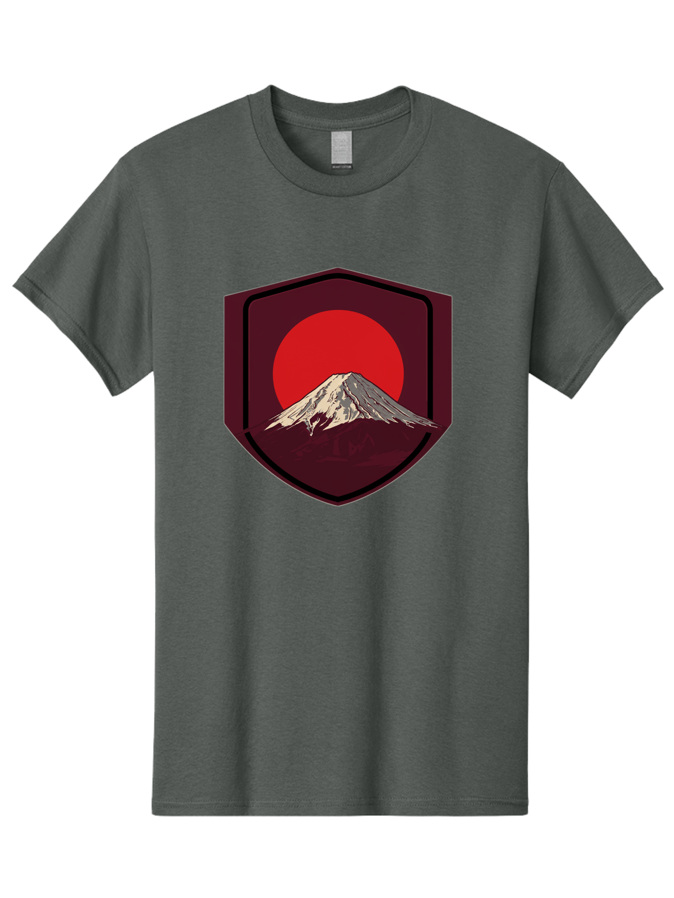 Mount-Fuji-Badge Men'S Graphic Tee, 100% Cotton, Comfortable Casual Summer Wear, Machine Washable, Mount Fuji, Japanese Mountain, Red Sun, Shield Emblem, Mountain Landscape, Japanese Culture, Iconic Symbol, Graphic Design, Red Circle Bad975